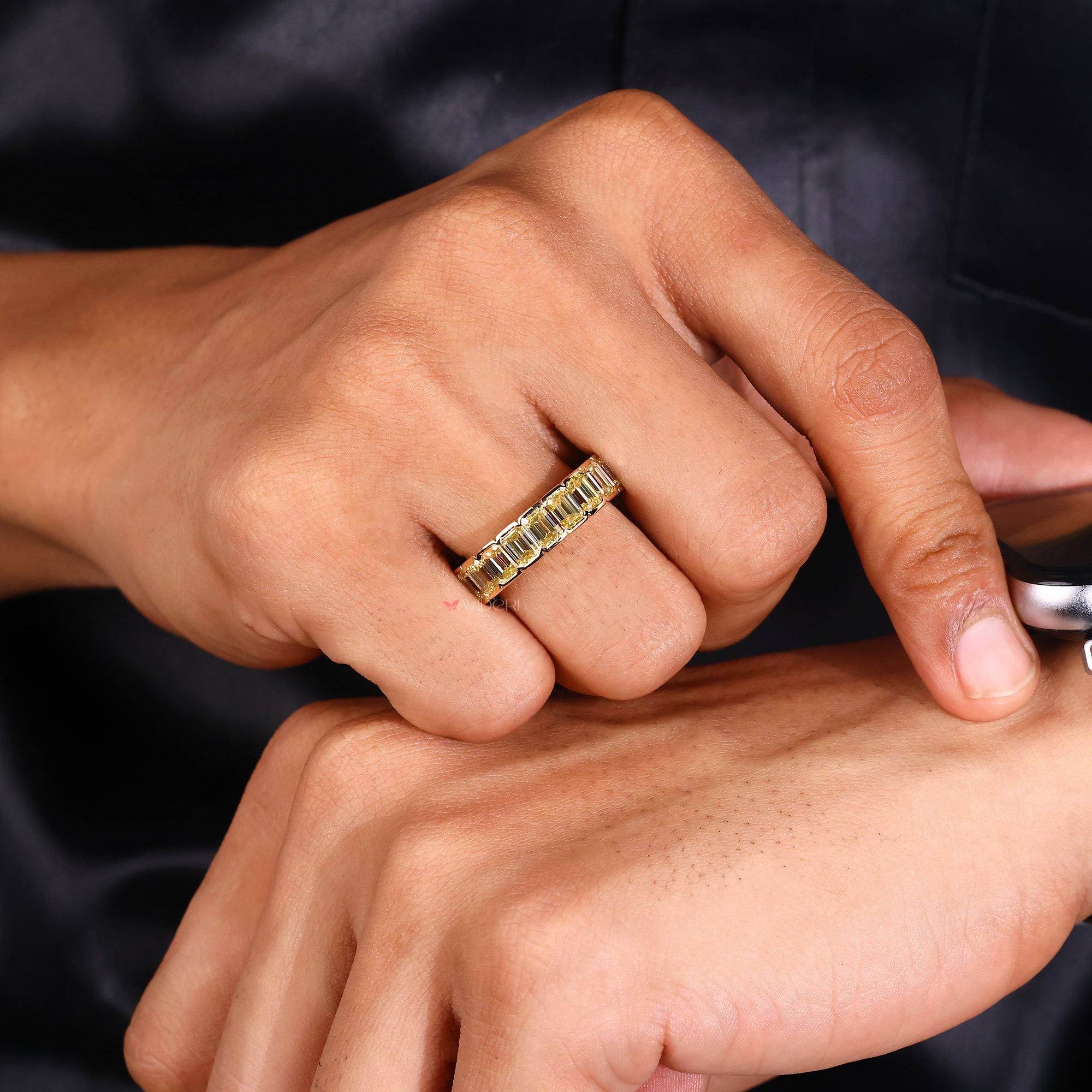 Full eternity ring with yellow gold engagement ring.