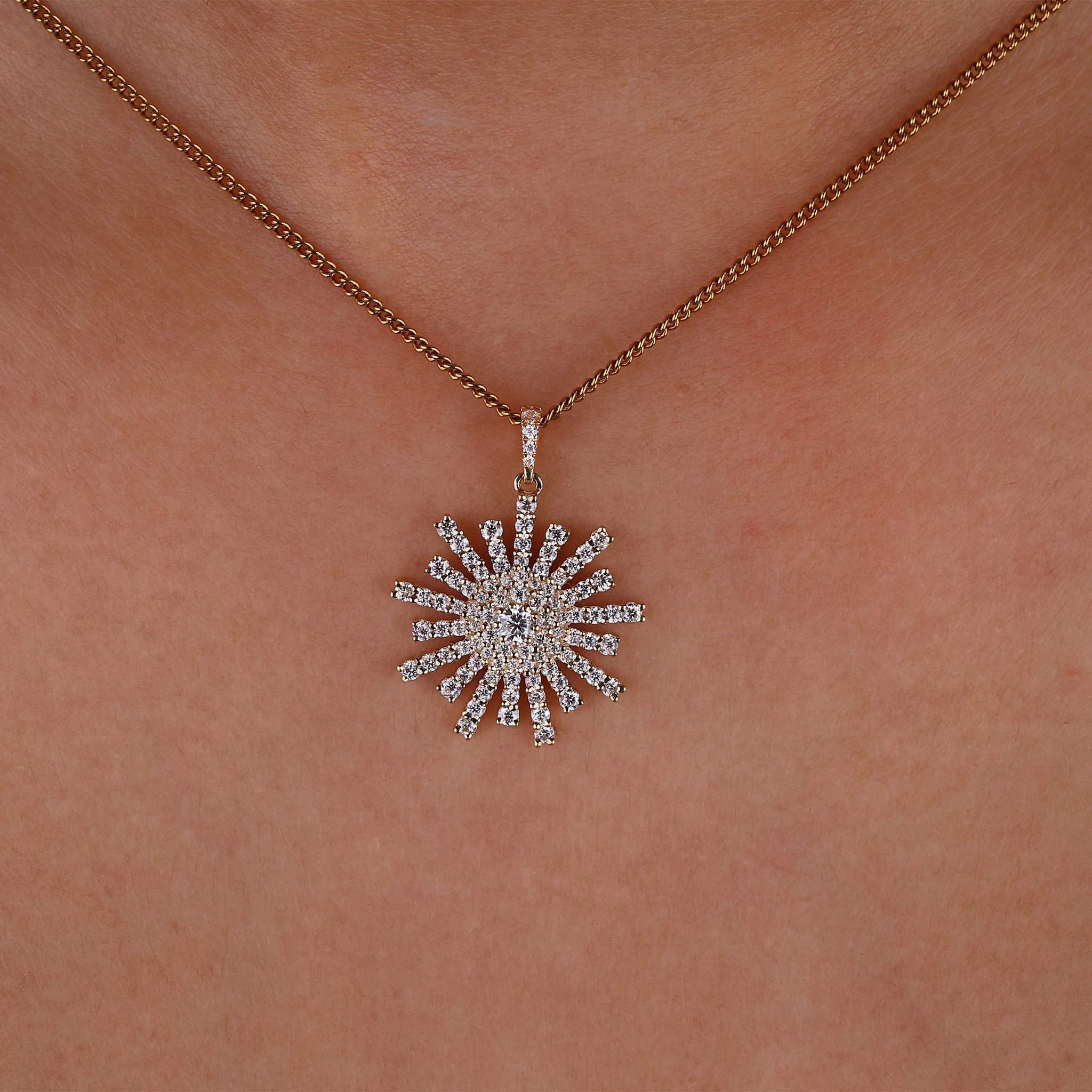 Sunflower round brilliant cut moissanite pendant with a floral design.