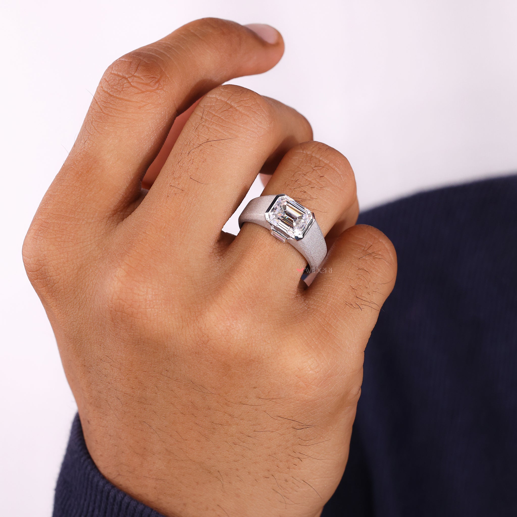 Two baguette side diamond ring adds special shine to wedding bands.