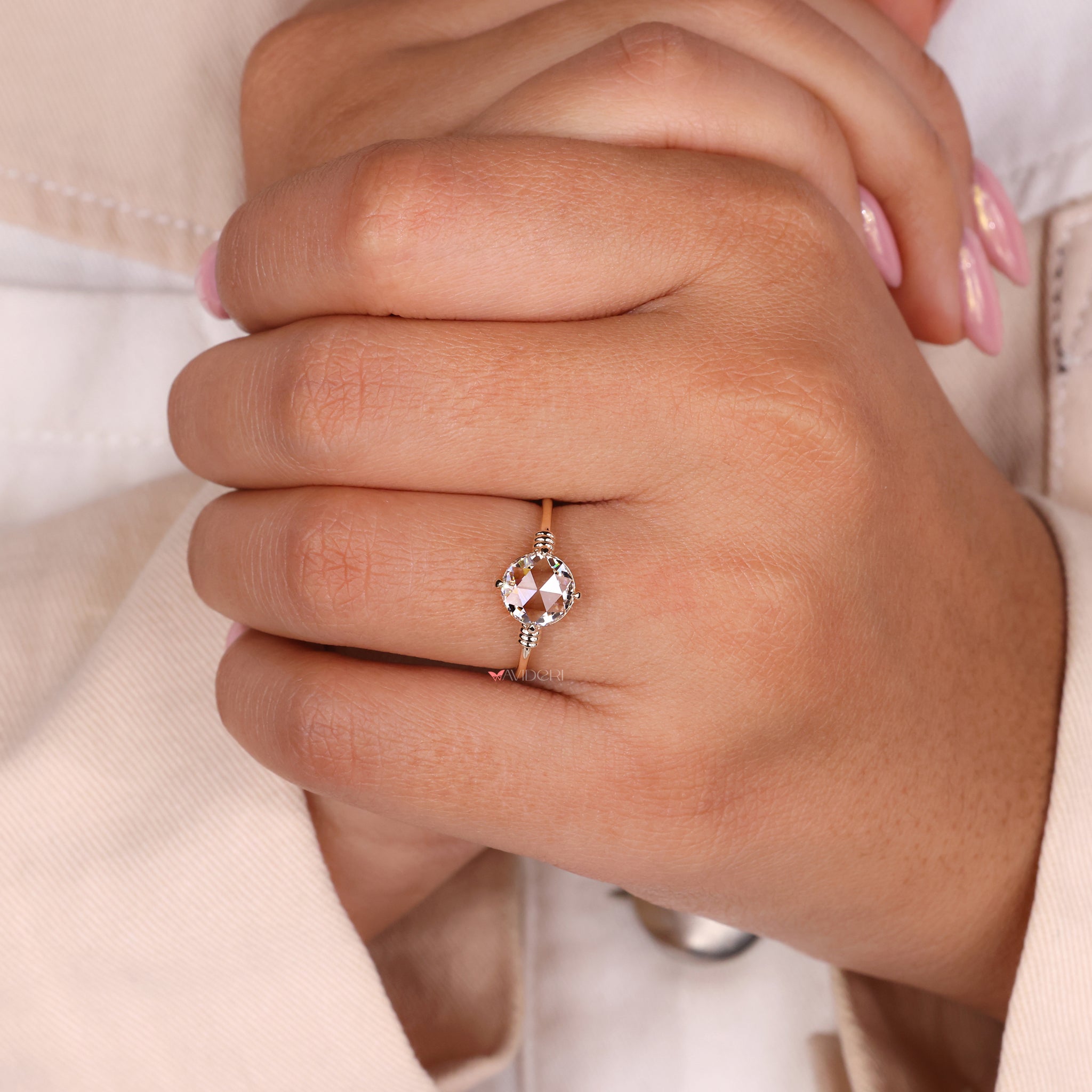 IGI certified rose cut engagement ring with brilliant diamonds for guaranteed quality.