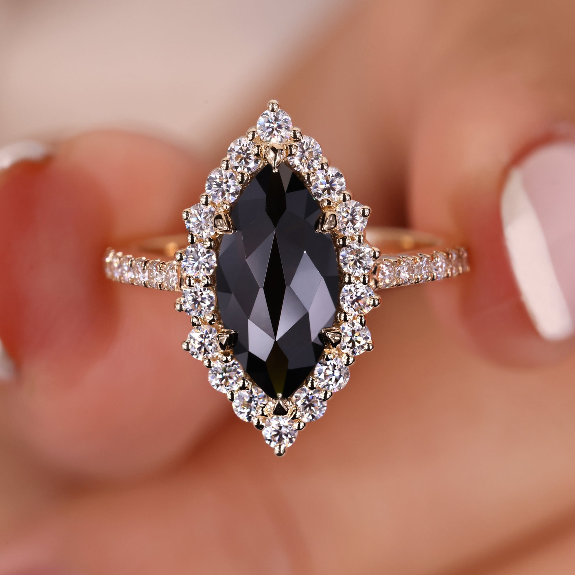 Marquise flower rose cut ring with floral design