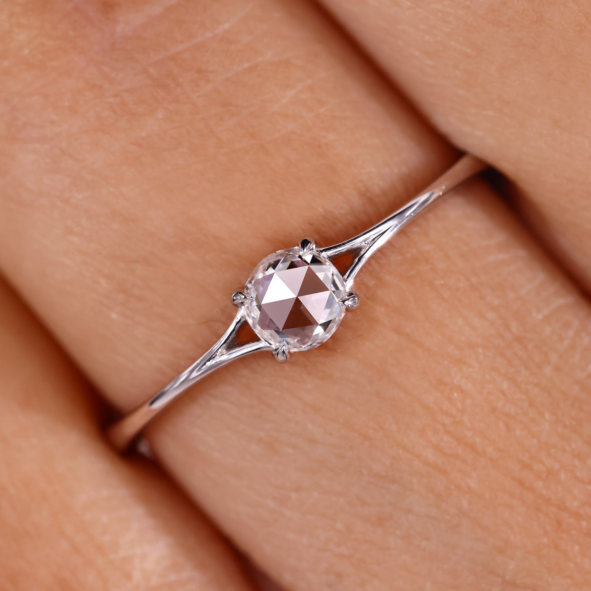Split Shank Engagement Ring with round rose cut diamond ring.