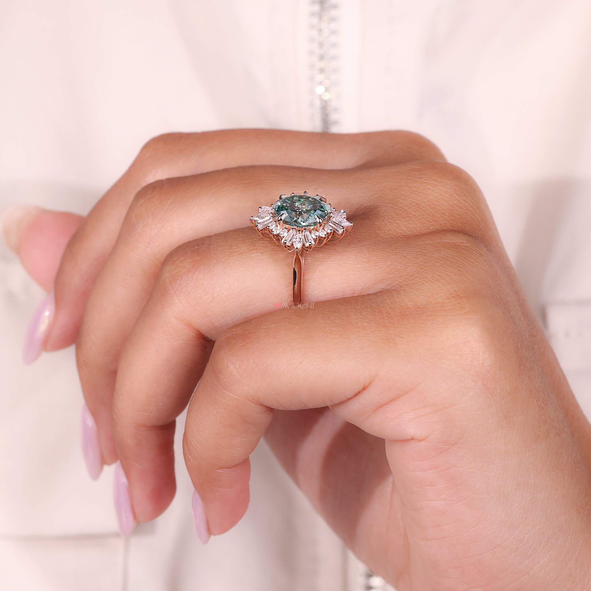 Oval cut moissanite ring, tapered baguette cut ring, round cut engagement ring