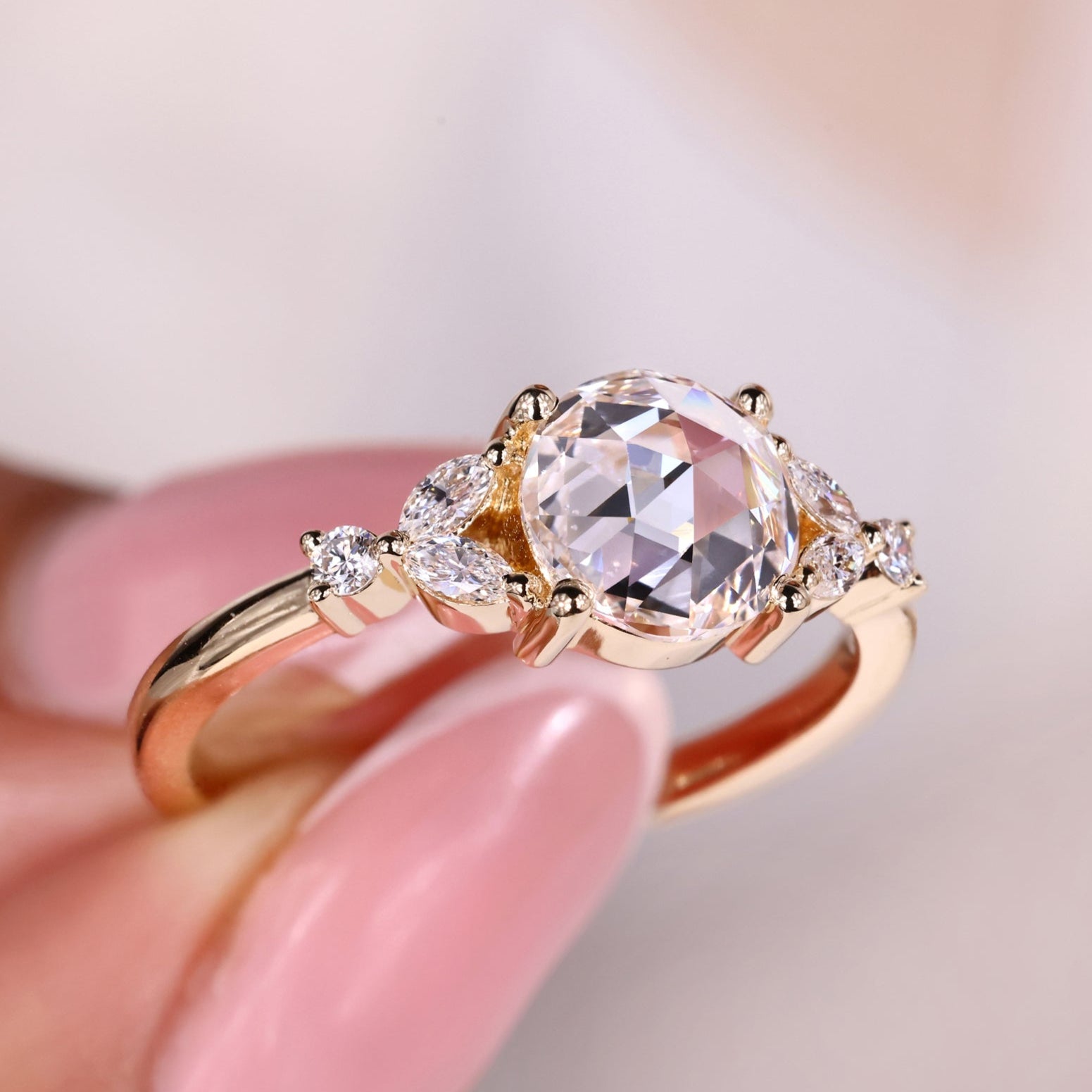Rose cut diamond ring designed with a unique and stunning appearance.