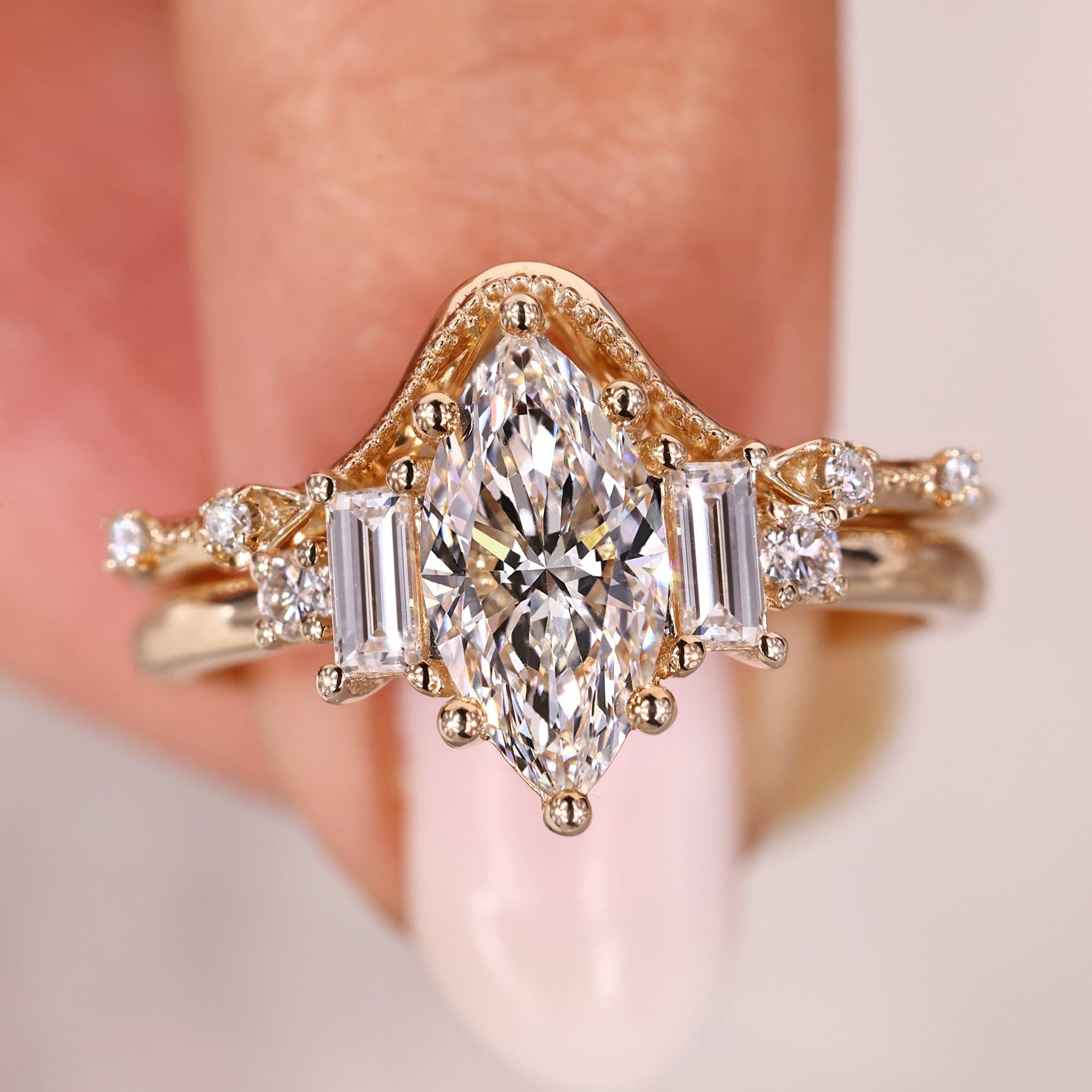 Marquise Diamond Ring With Round Cut Wedding Band is perfect.