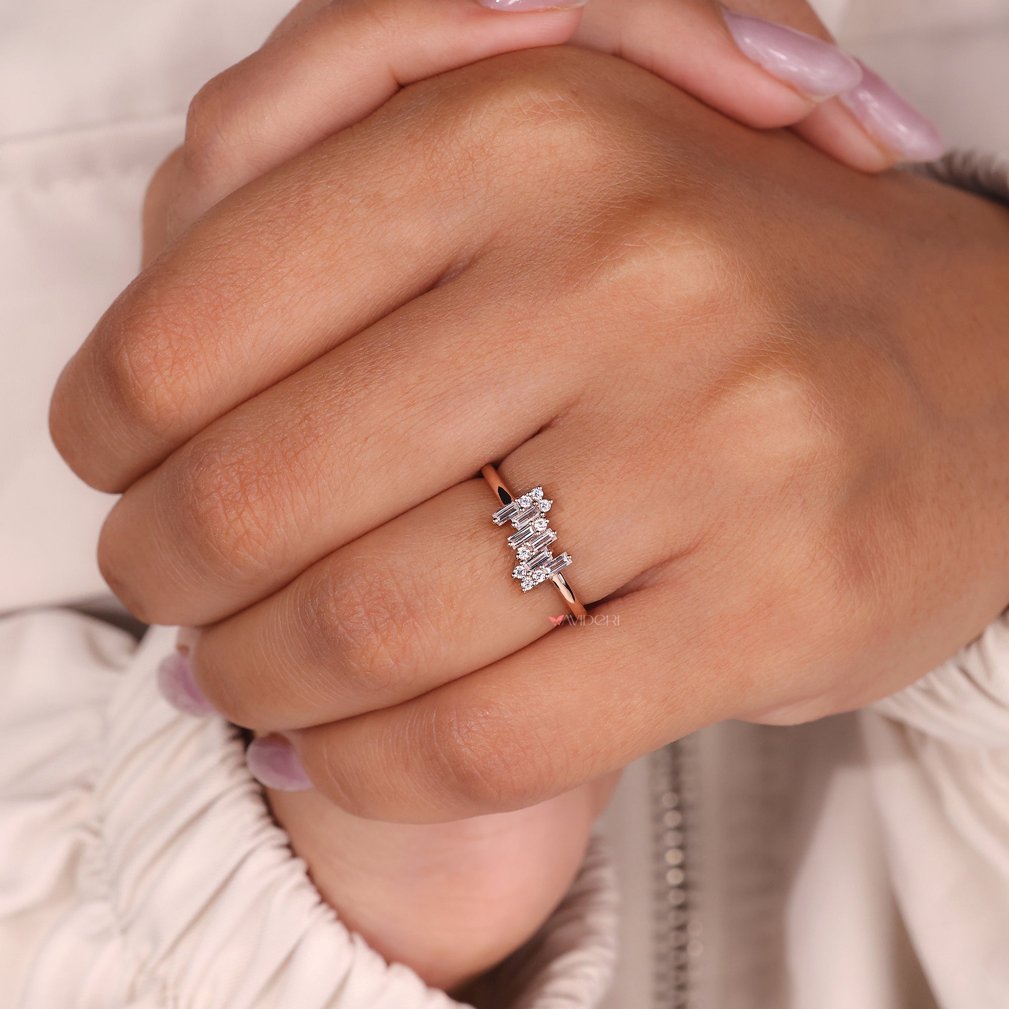 Baguette and Round Diamond Ring In Rose Gold