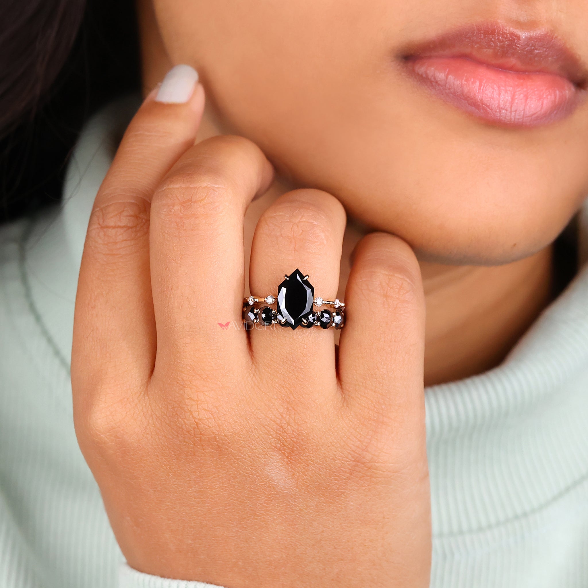 Half Eternity Band Round Rose Flower Distance Pave set moissanite bridal ring sets.