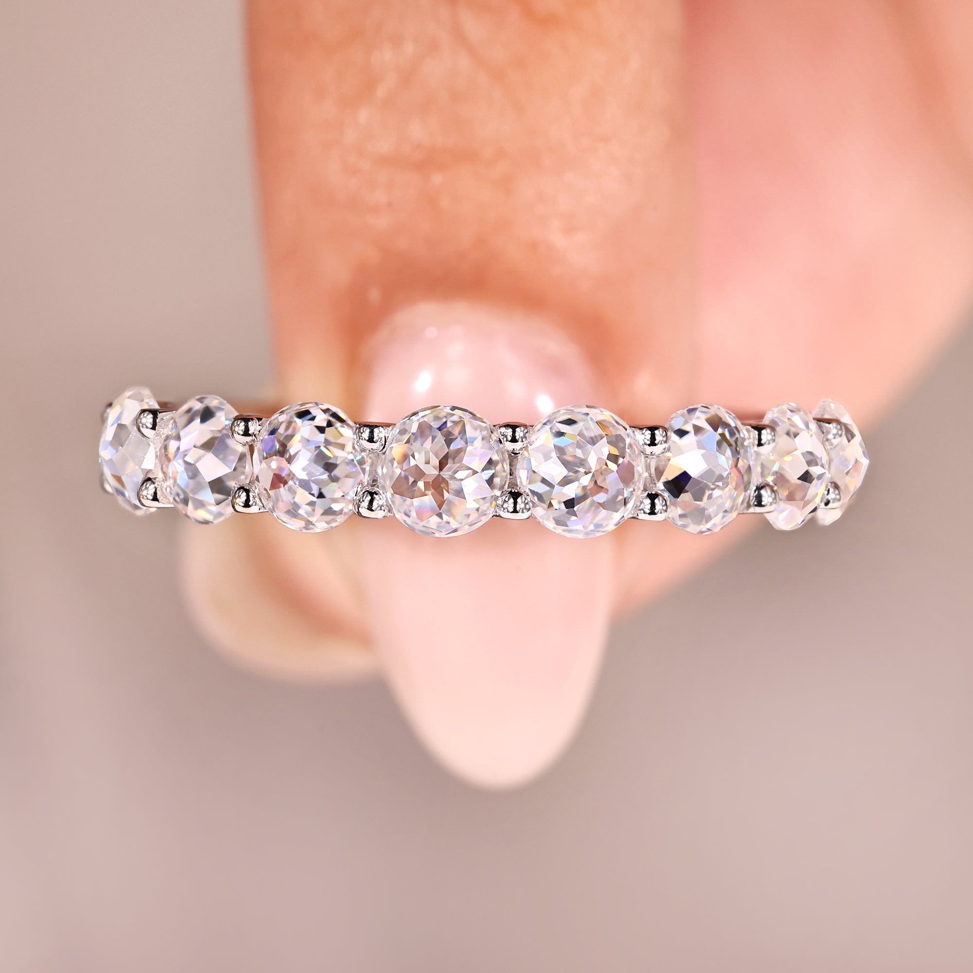 Round rose cut wedding band features soft brilliance with a vintage-inspired design.