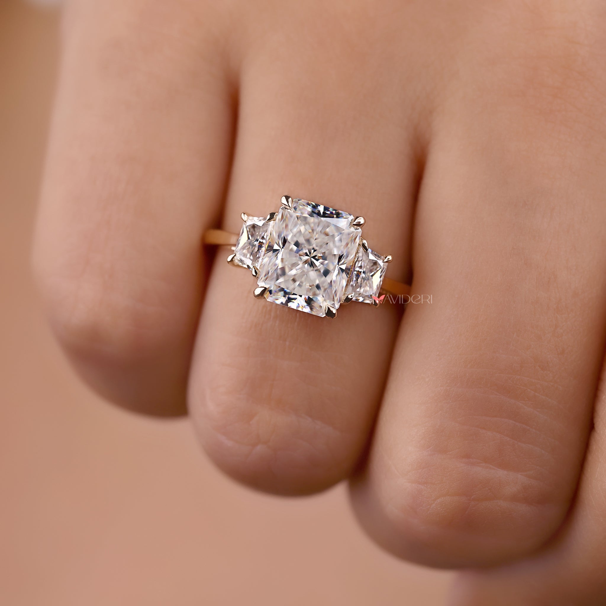 Trapezoid sidestone ring, yellow gold ring, yellow gold engagement ring