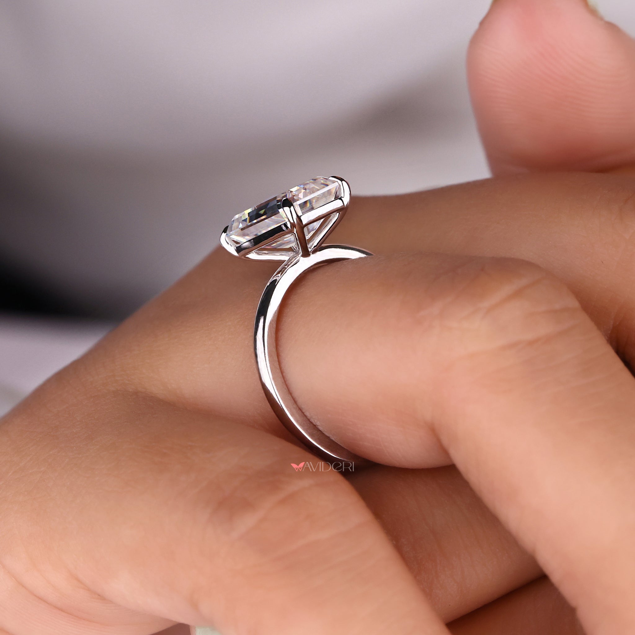 Avideri engagement ring, emerald moissanite ring, prong setting