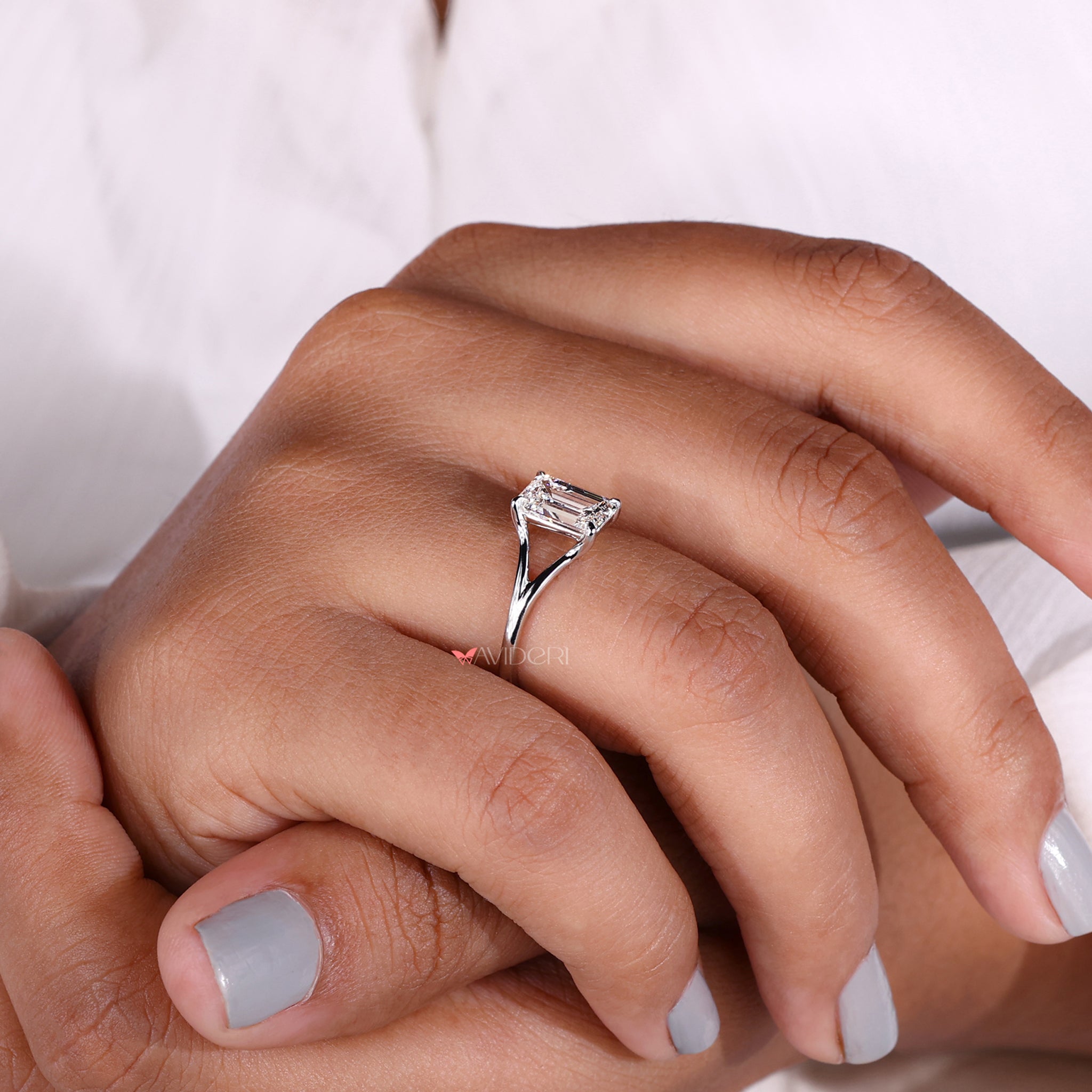 Handmade ring with an emerald solitaire engagement ring design featuring Lab Grown Diamond and sleek solitaire emerald cut ring.