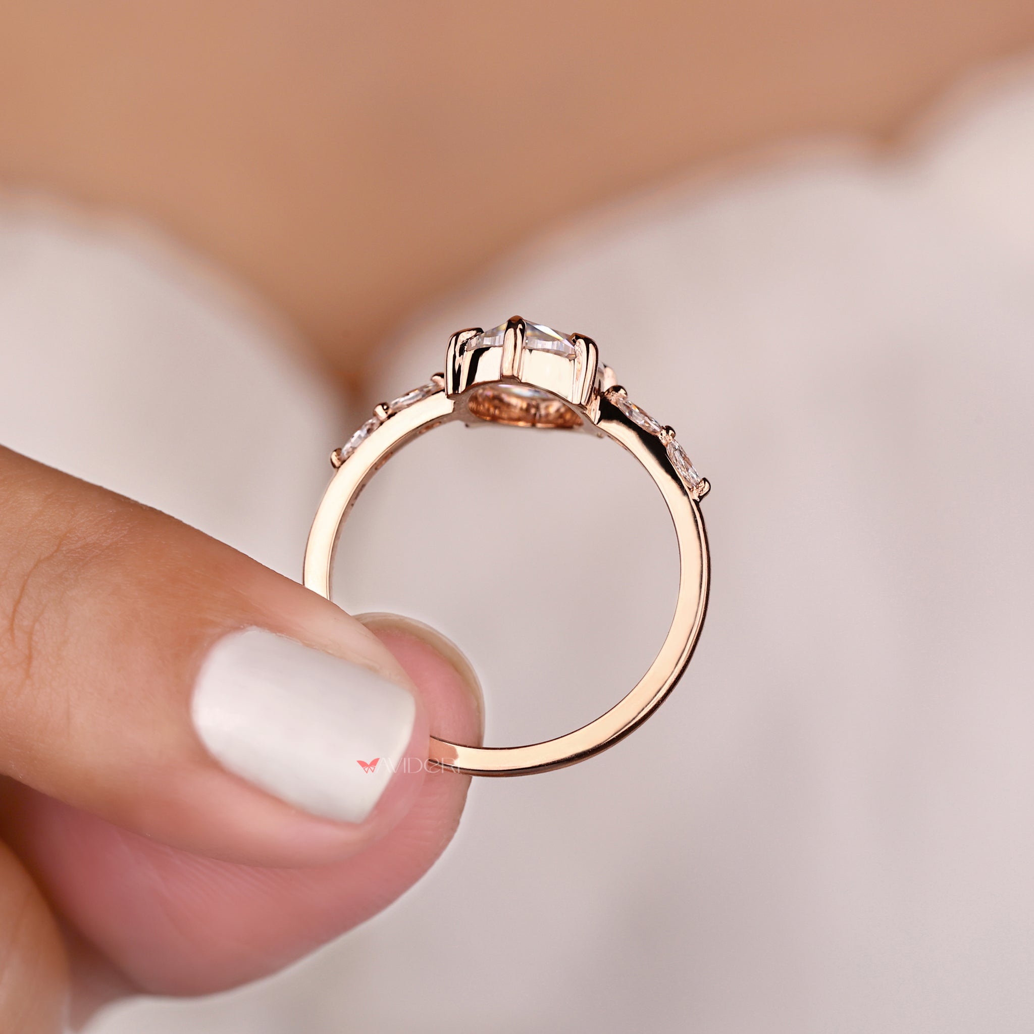 5 stone engagement ring, 6 claw prong ring, moissanite gold ring