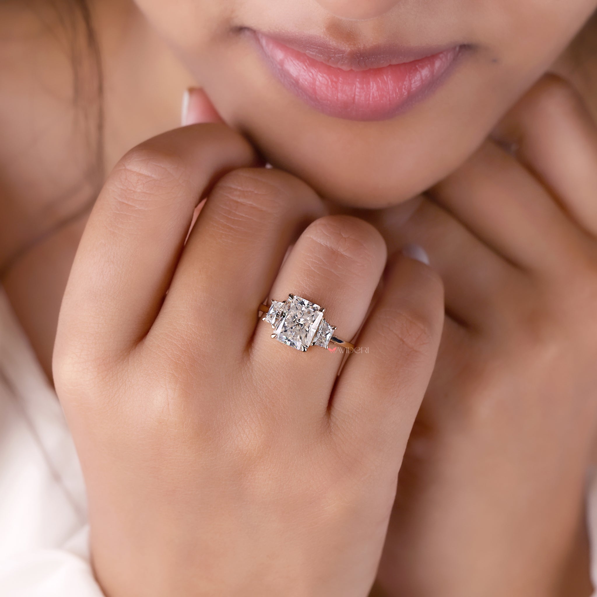 Trapezoid sidestone ring, handmade jewelry, moissanite wedding ring