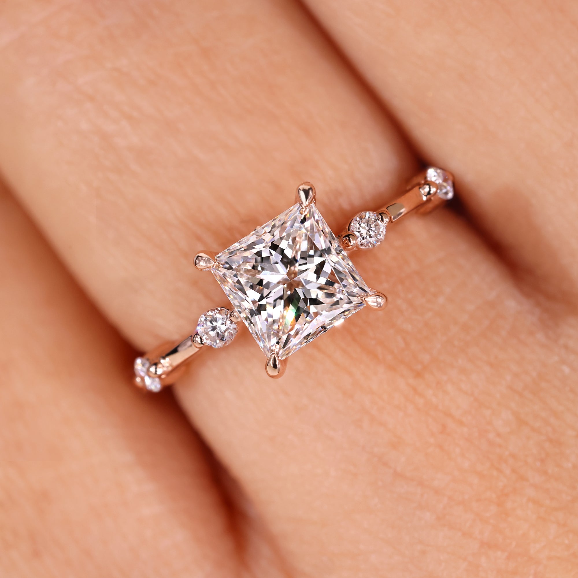 Princess Cut Diamond Engagement Ring with distance pave band.