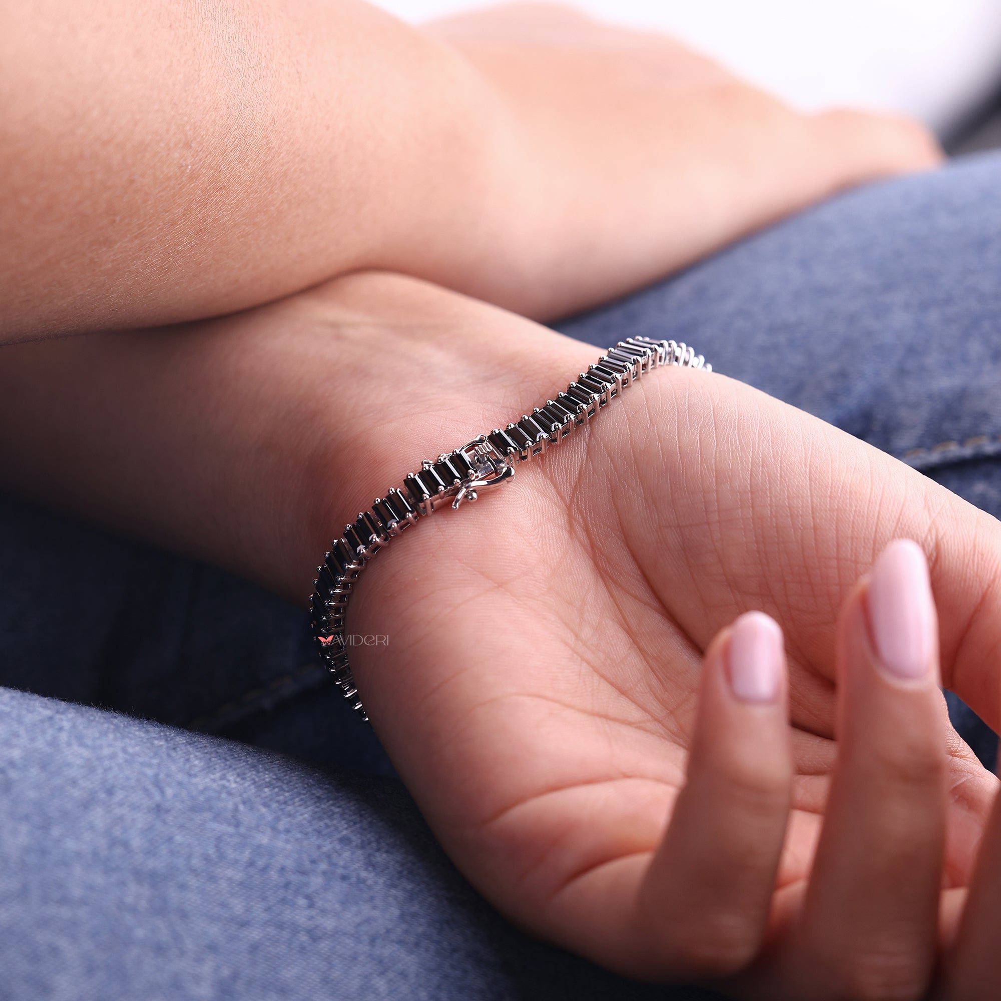 Stackable black moissanite bracelet with fine details.