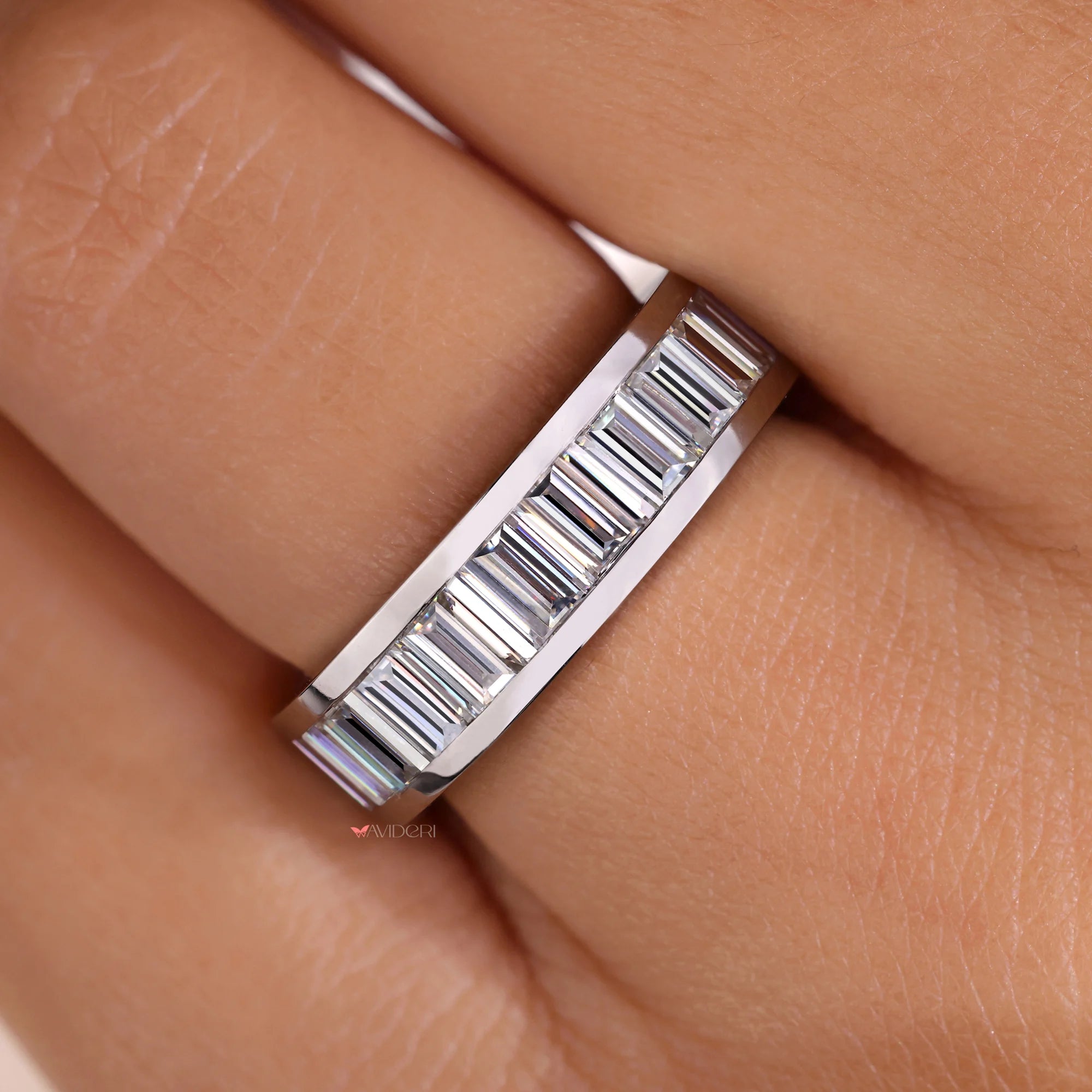 Platinum bezel set wedding band with lab-grown diamonds for timeless style.