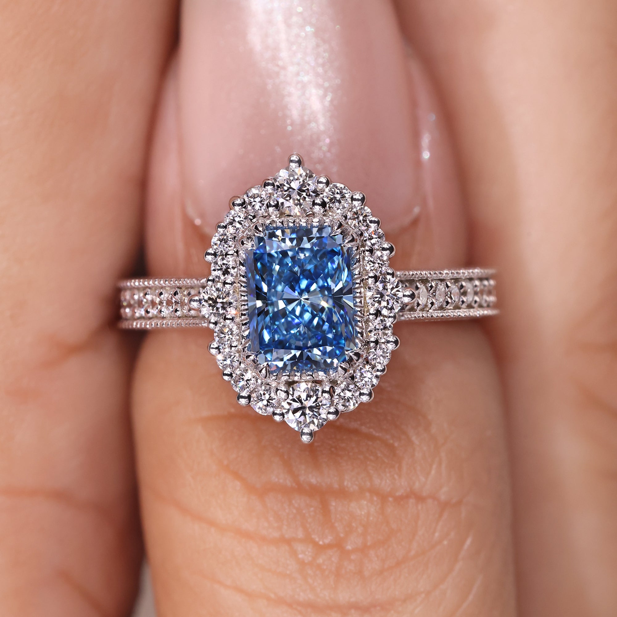 Avideri custom engagement ring with radiant diamonds.