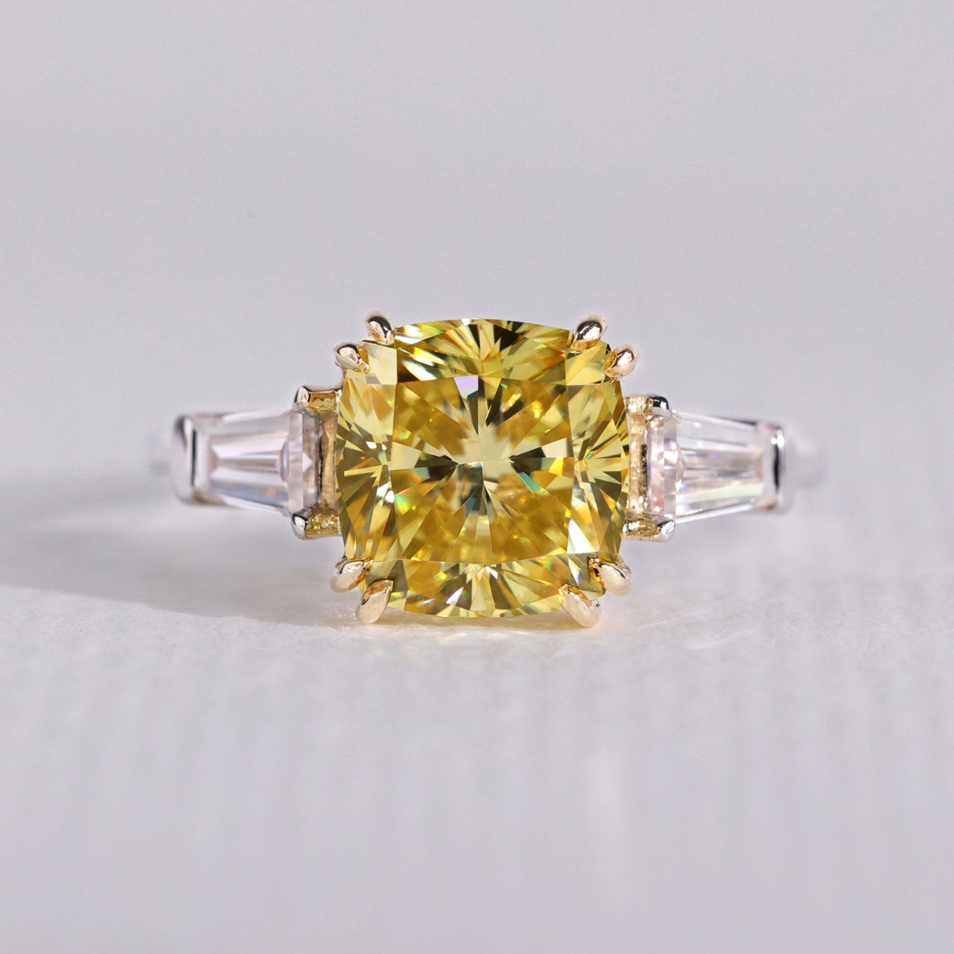 Three stone engagement ring, canary yellow engagement ring, handmade ring
