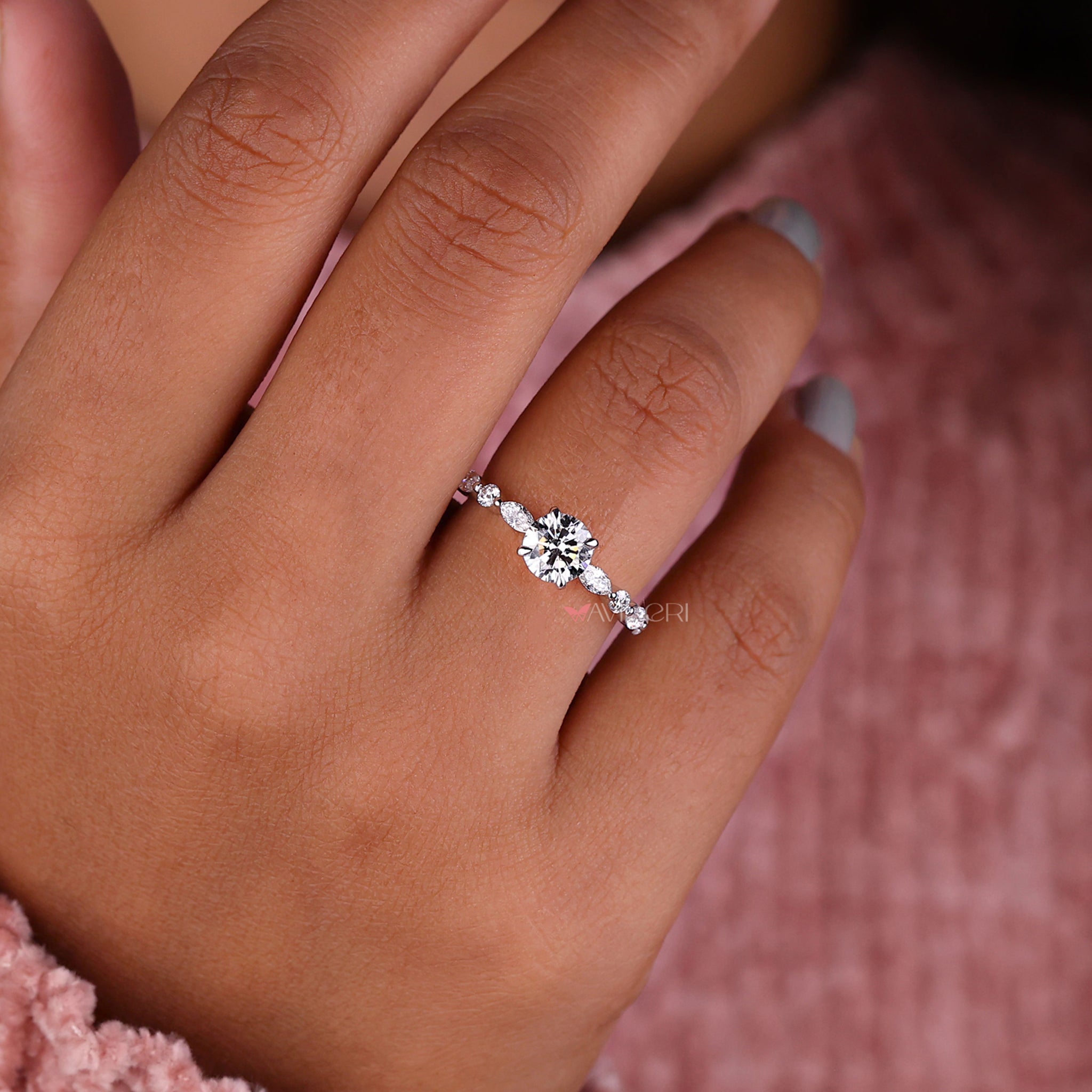 Round diamond ring gold bubble ring marquise and round pave ring band