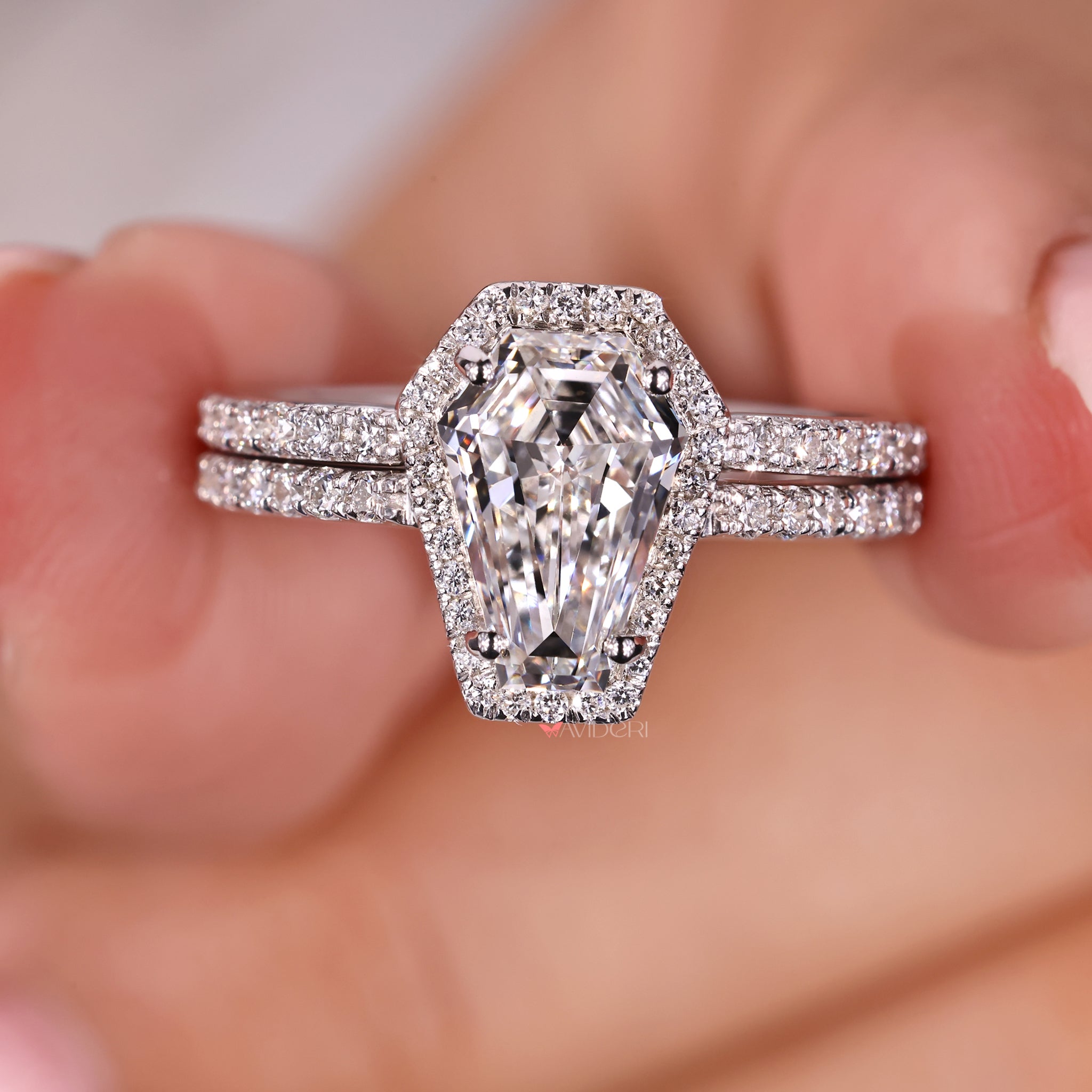 Open gap wedding band with modern split design.