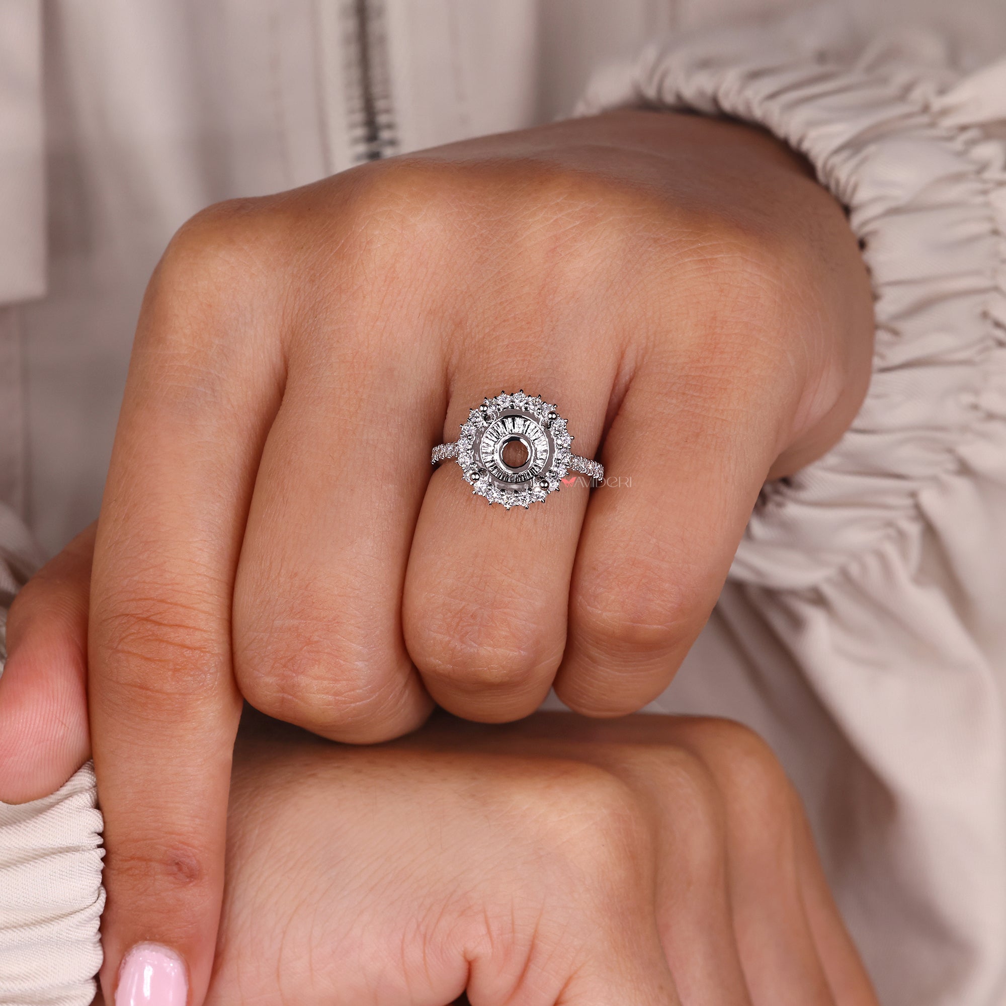 Round cut semi mount ring with custom design.