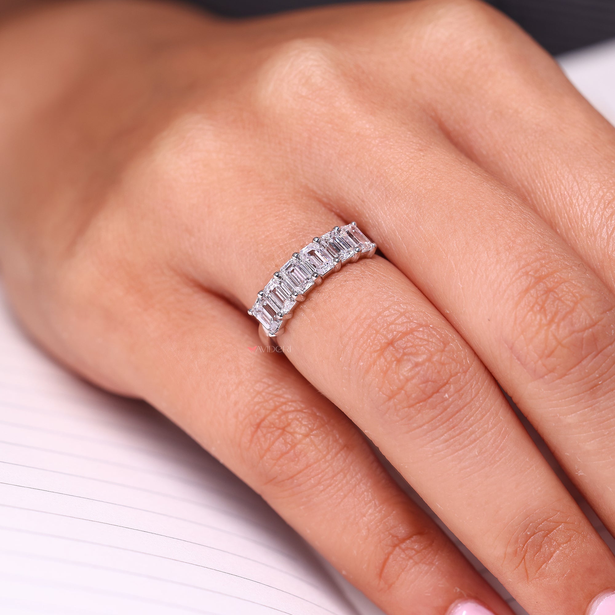 6 stone wedding band in handmade design.