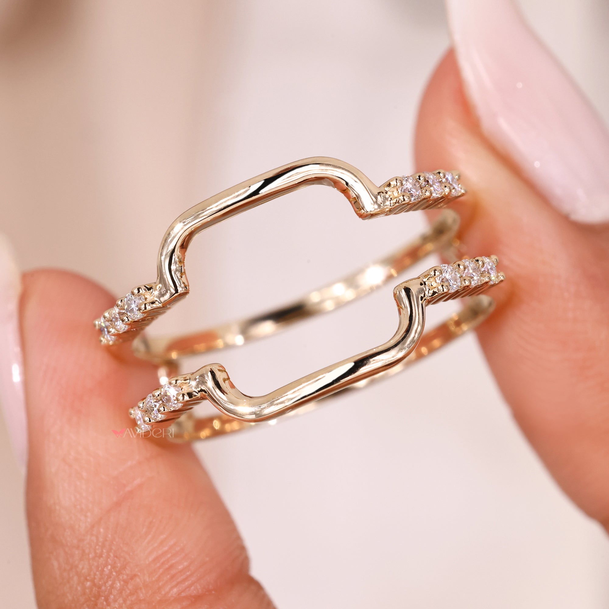 Custom curved wedding band to wrap around engagement ring.