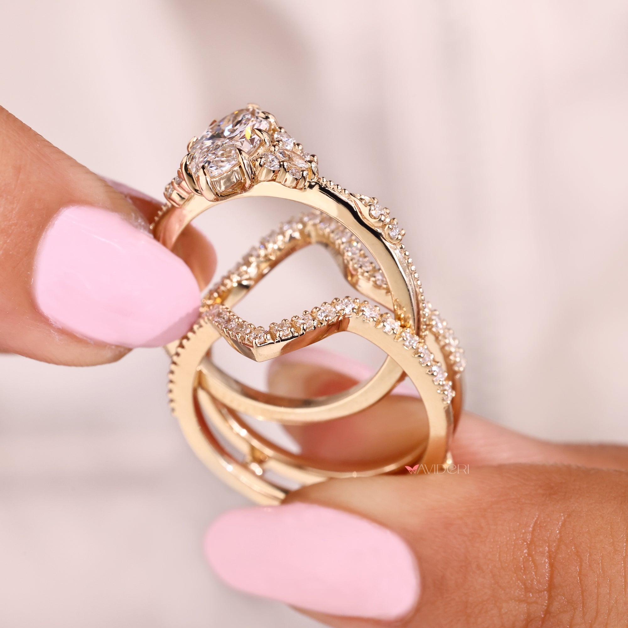 Diamond enhancer band in yellow gold bridal set.