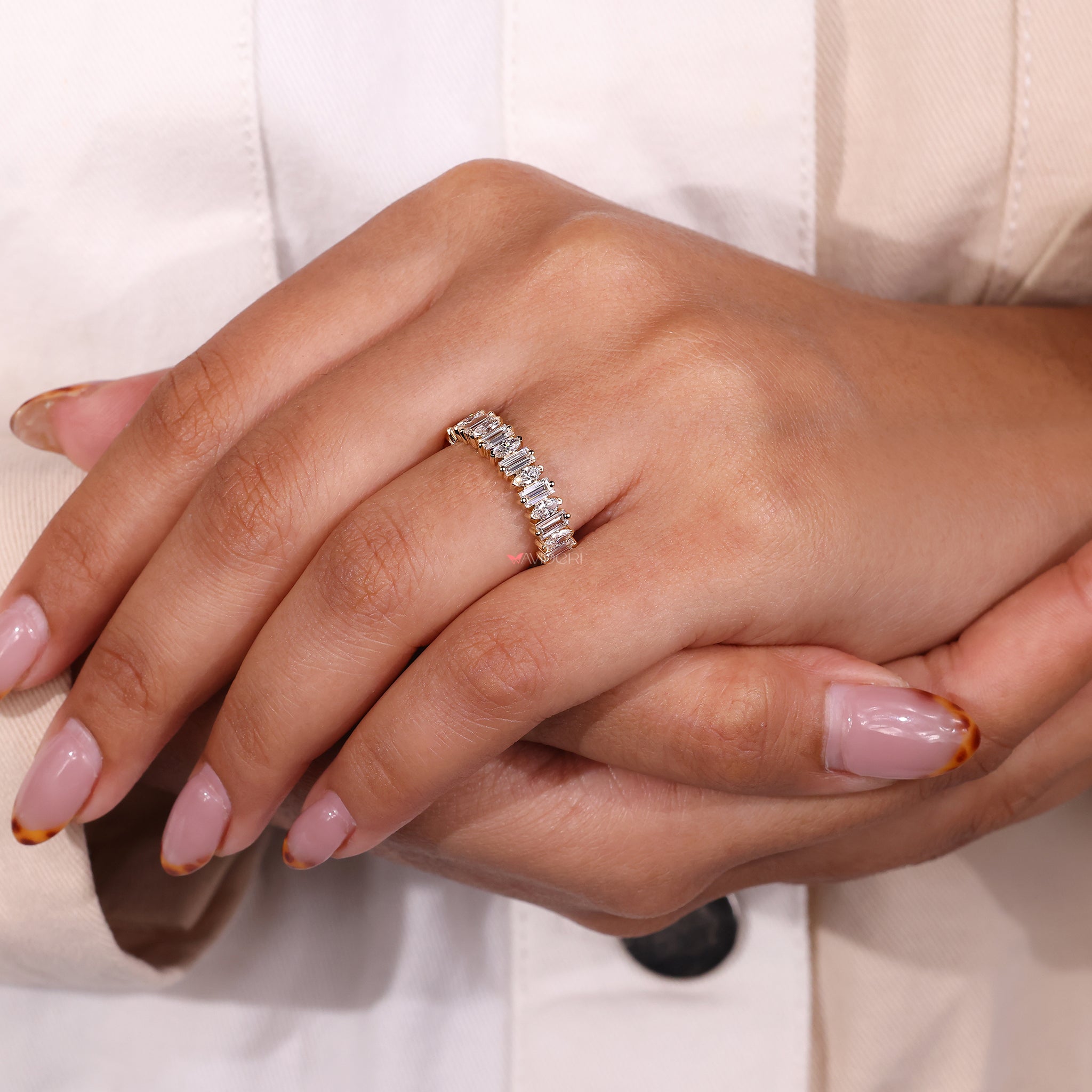 Avideri wedding band with elegant marquise diamonds.