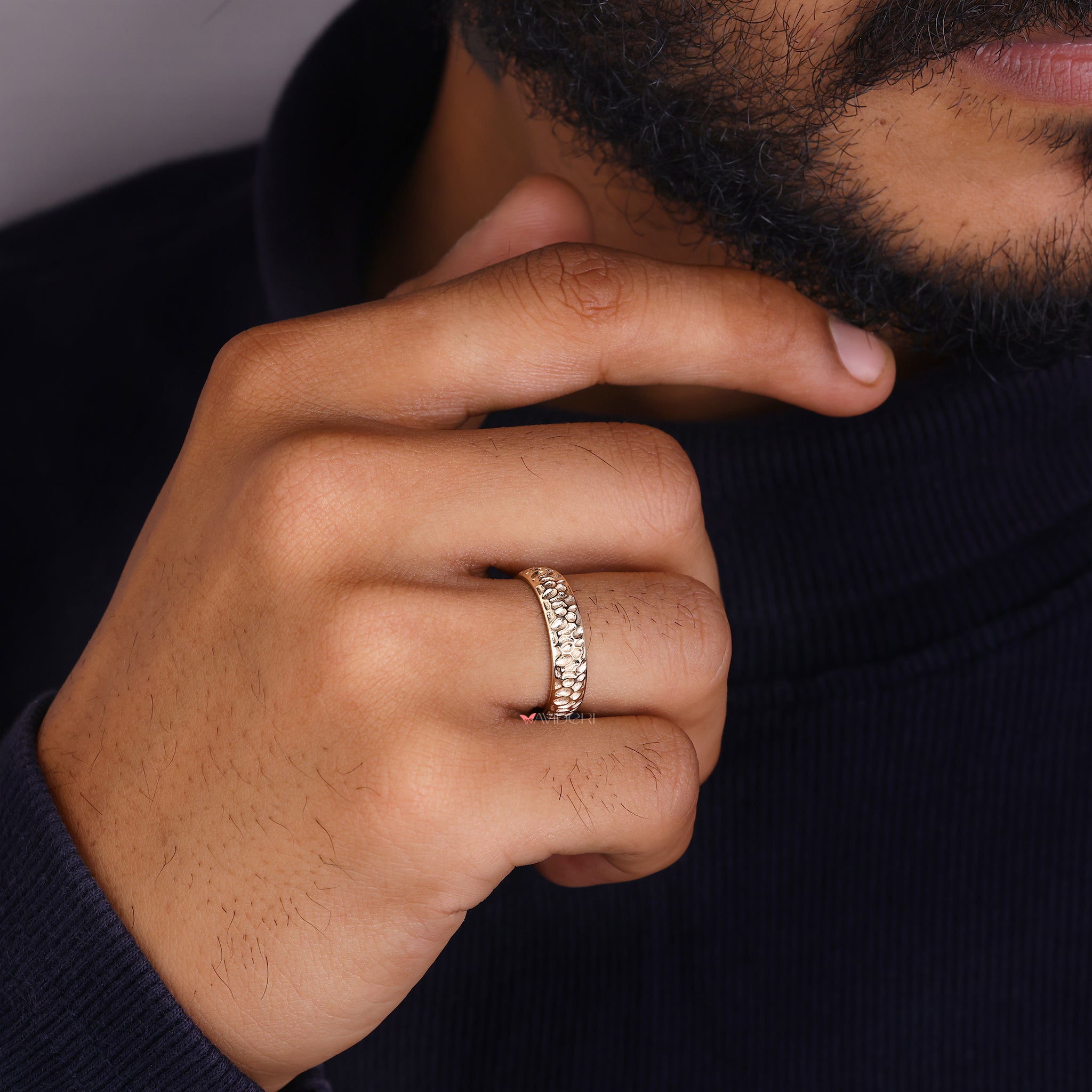 Hammer Finish mens band brings textured strength to wedding style.