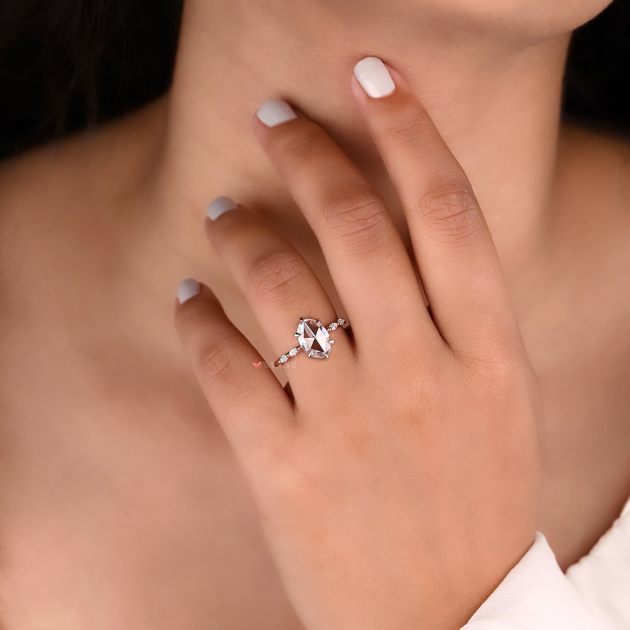 Oval rose cut ring, claw prong ring, 5 stone ring