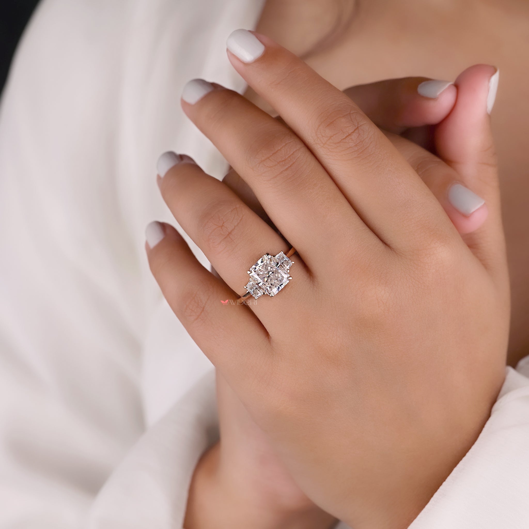 Radiant cut engagement ring, trapezoid cut ring, three stone ring