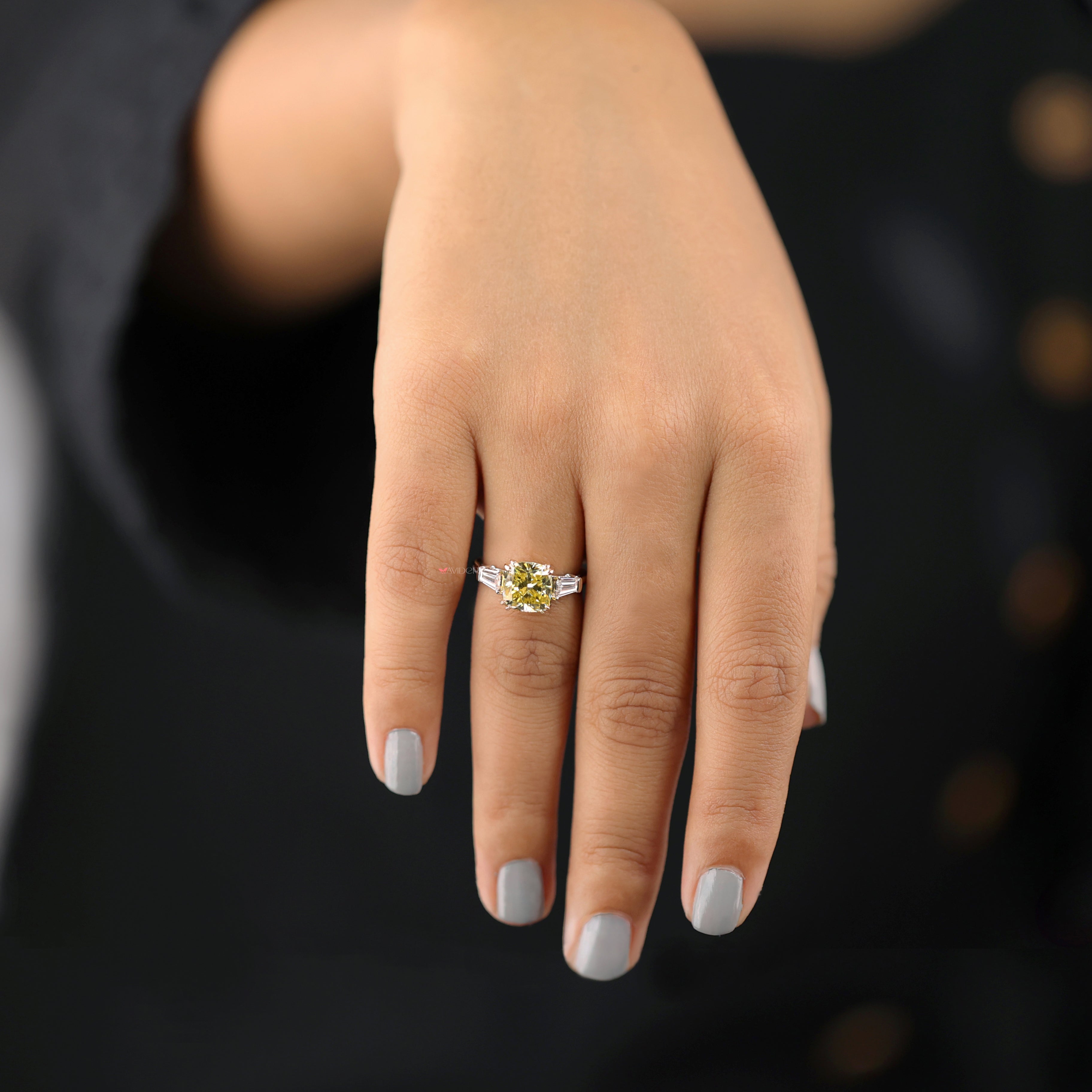 Baguette engagement ring, cushion cut ring, yellow gold engagement ring