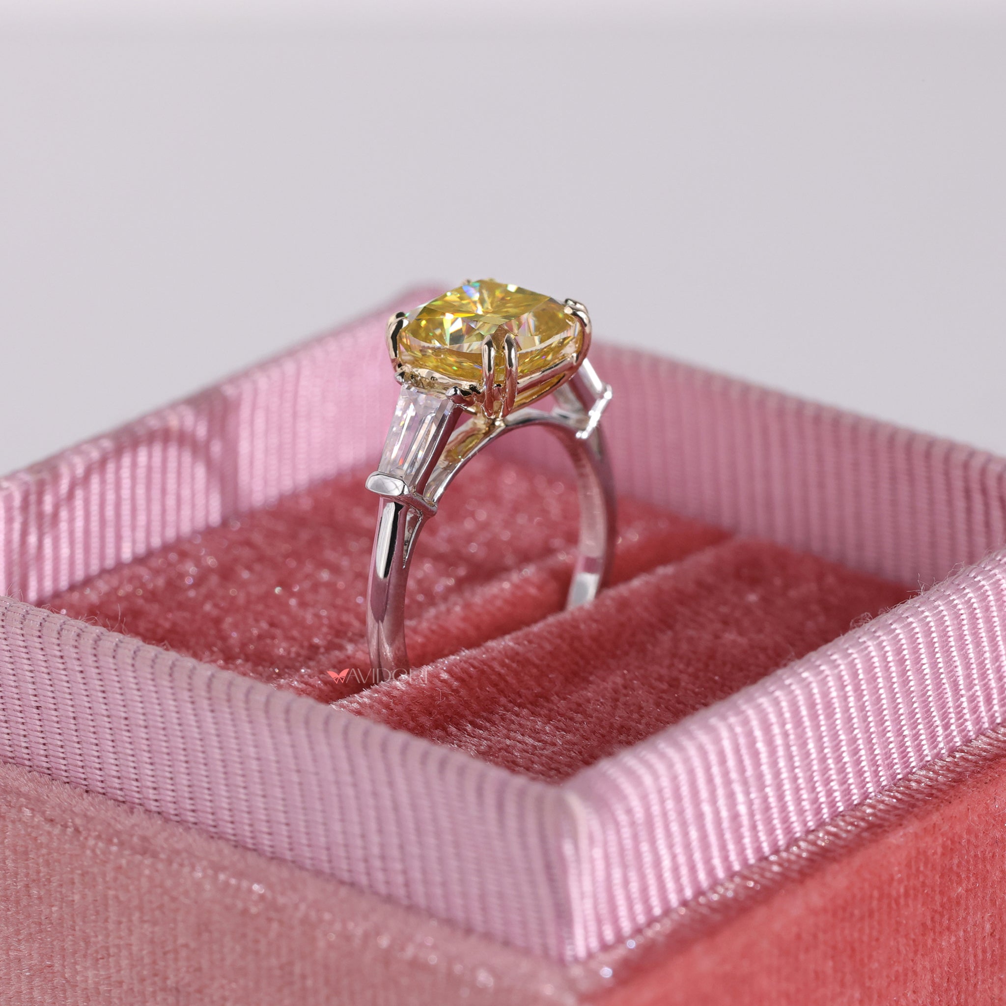 Cushion cut moissanite ring, tapered baguette cut ring, handmade jewelry