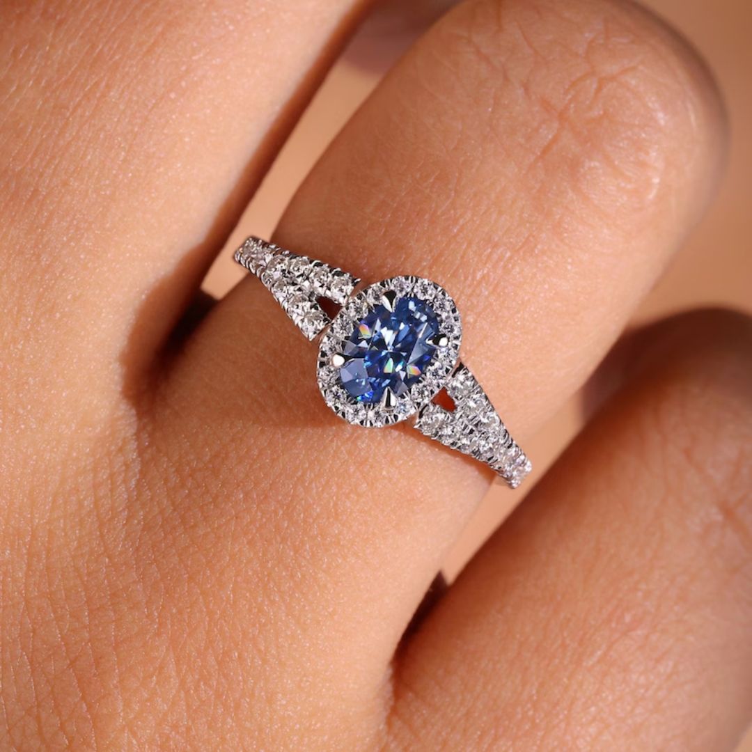 Oval cut engagement ring pairs beautifully with split pave band.