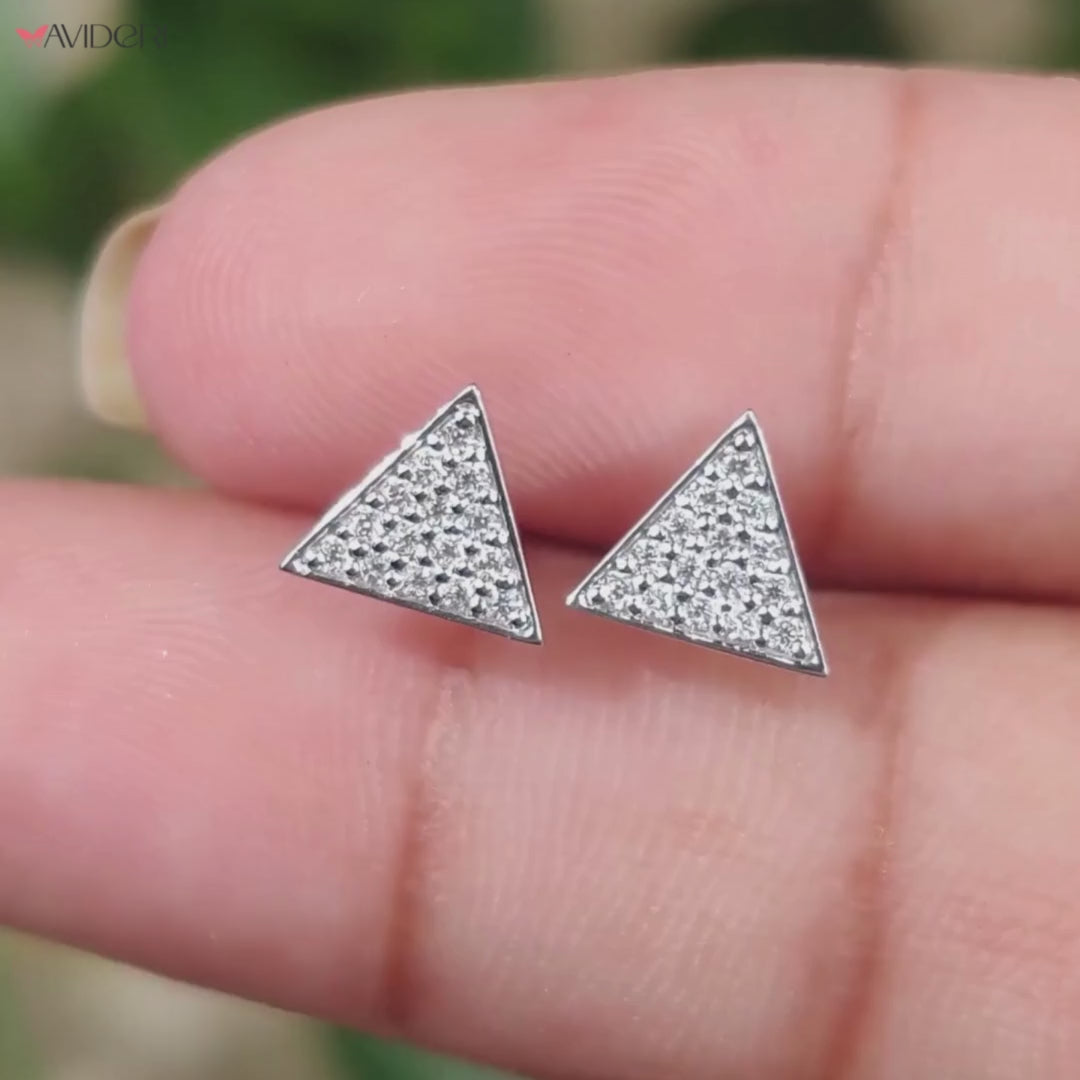 Handmade jewelry featuring triangle stud earrings set in white gold.