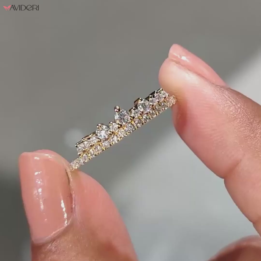 Two row pave diamond band with brilliant stones.