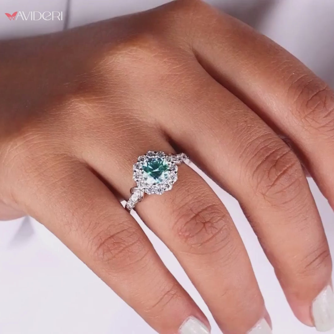 Moissanite engagement ring with a brilliant round cut.