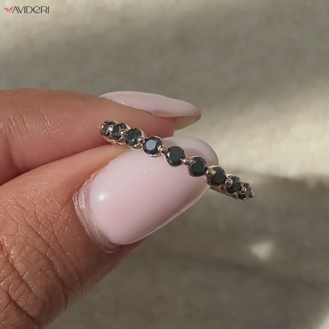 Half eternity wedding band with sparkling moissanite for lasting beauty.