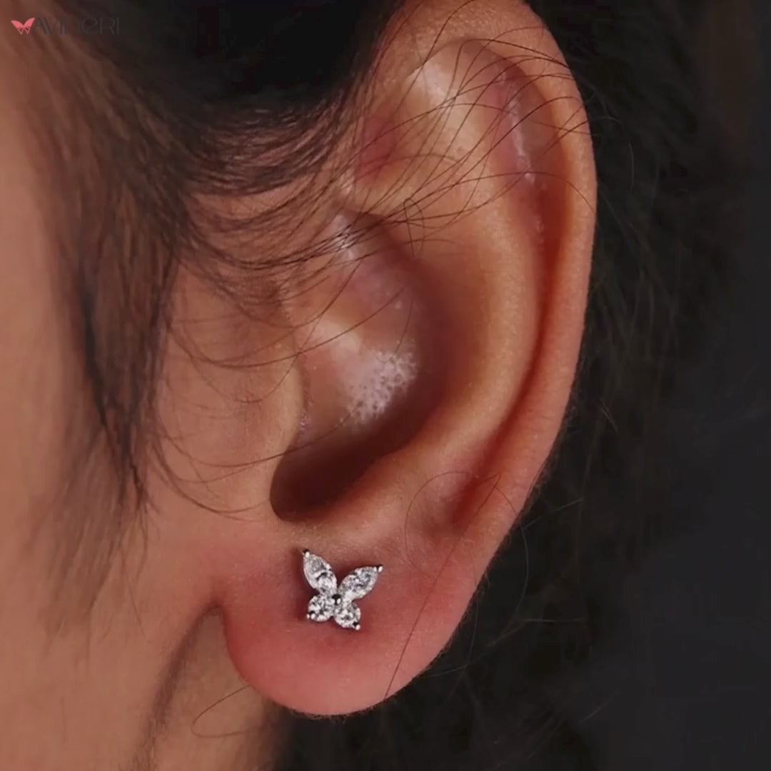 Everyday earrings with Marquise Moissanite and butterfly stud settings for style.