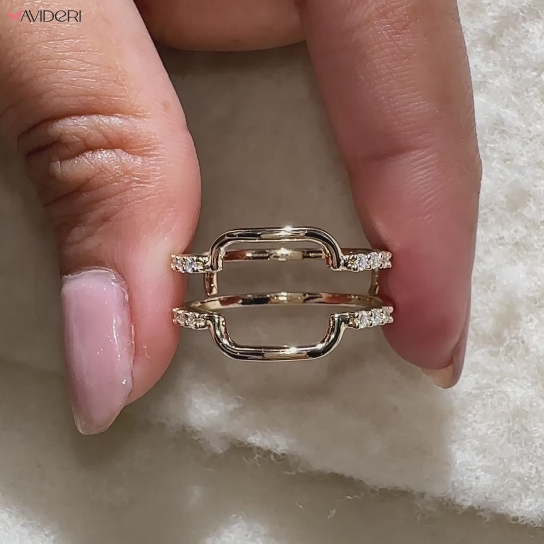 Guard-style yellow gold band for bridal ring stacking.