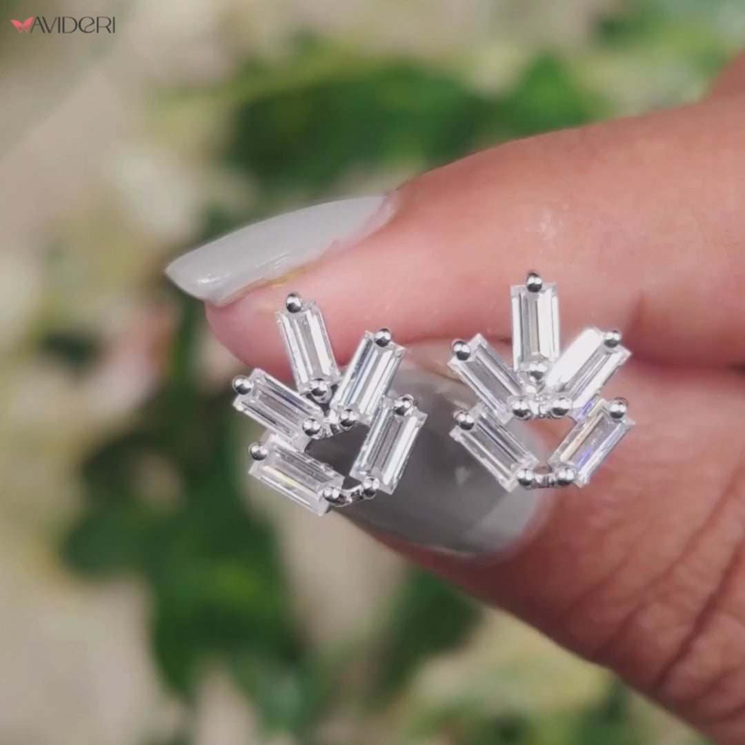 Handmade Earrings with a Baguette Cluster design set in high-quality white gold.