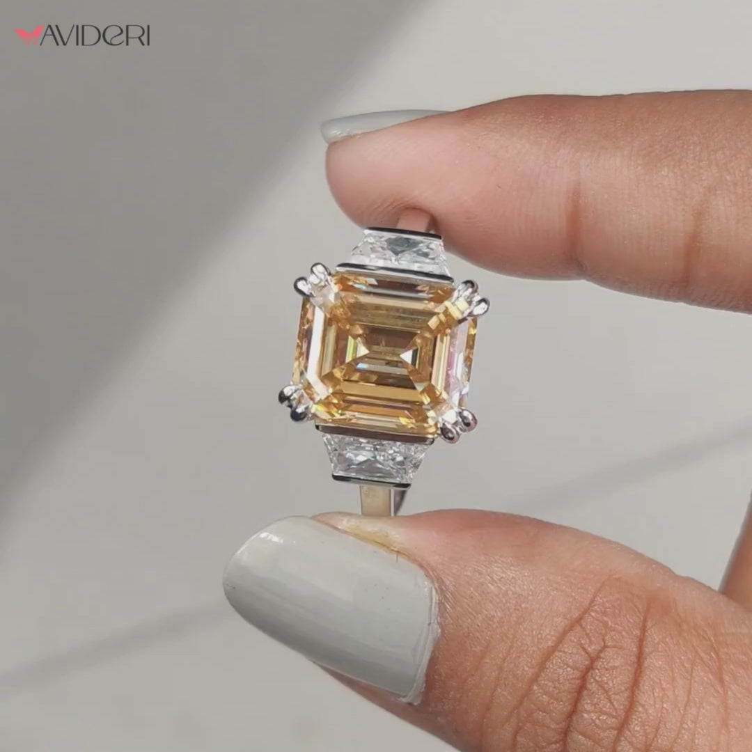 3 stone bar set moissanite ring with sparkling stones.