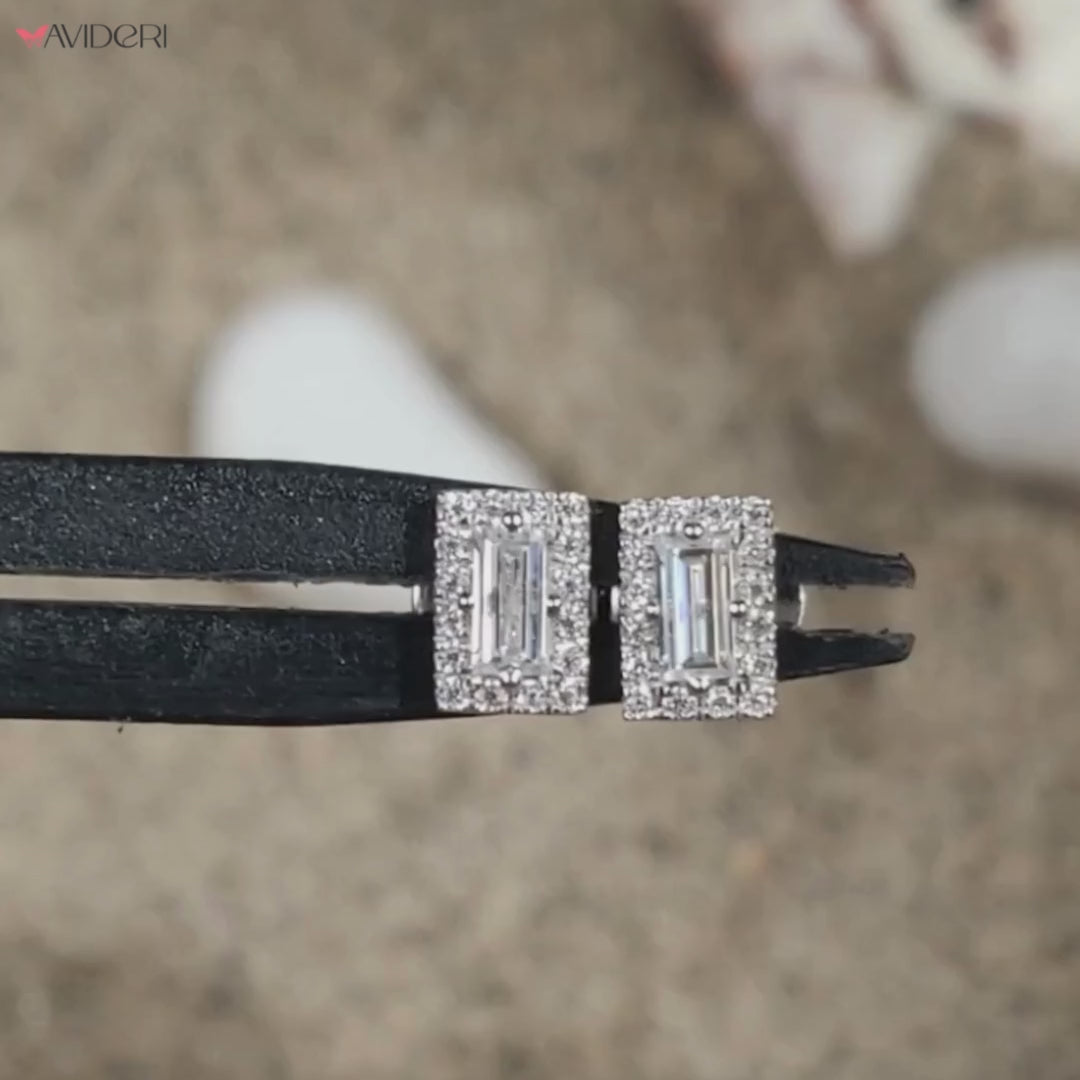 Everyday earrings with baguette cut Moissanite and round cut halo for sparkle.