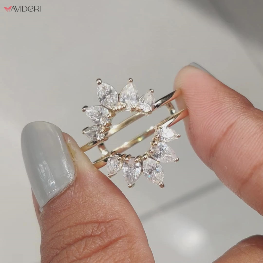 A Moissanite gold wedding band combines warmth with sparkle.