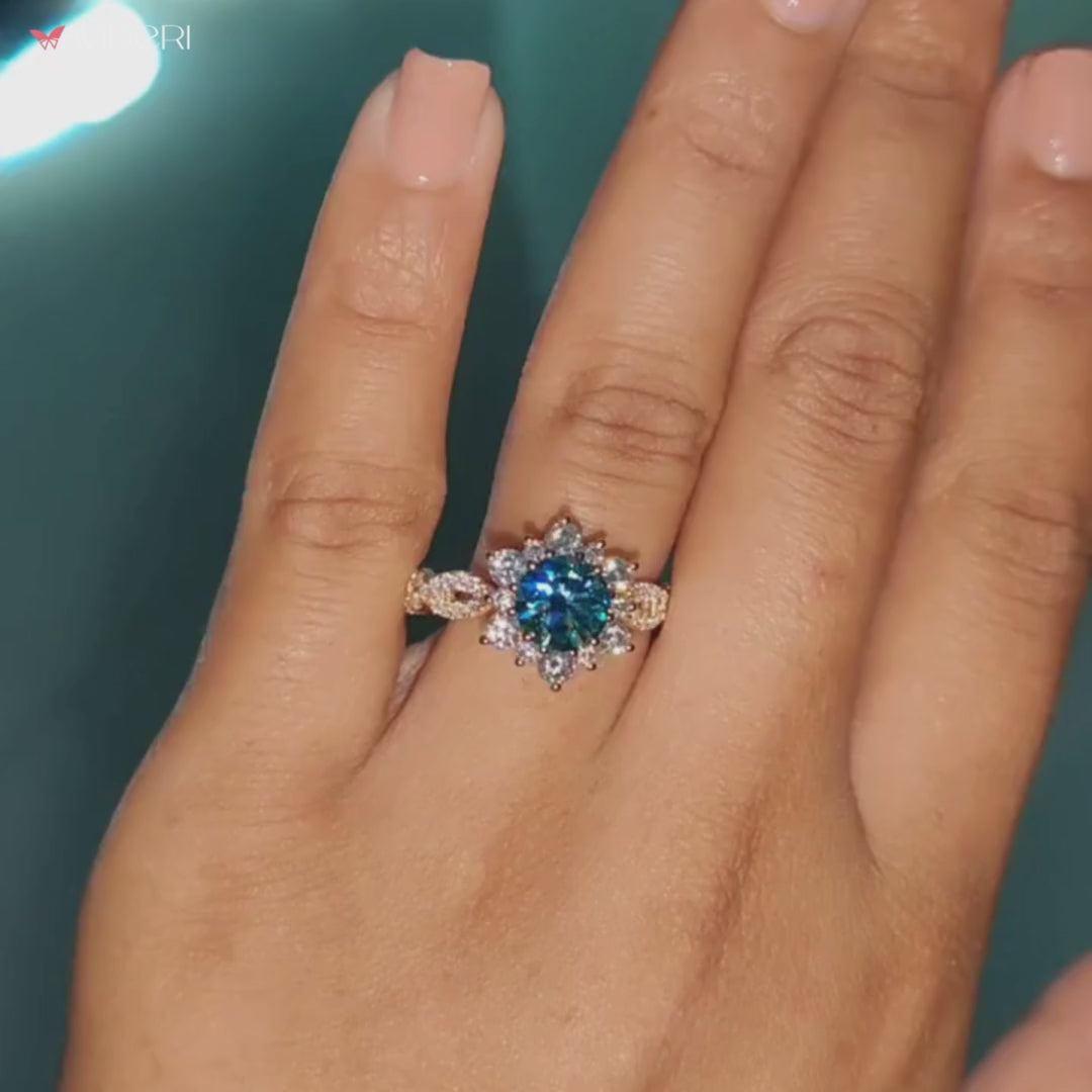 Round cut ring set in a beautiful white gold ring with a halo engagement ring.