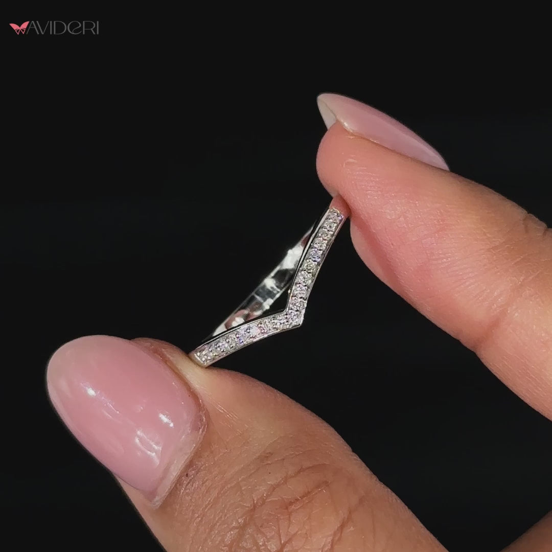 V-shape wedding band with sparkling diamonds.