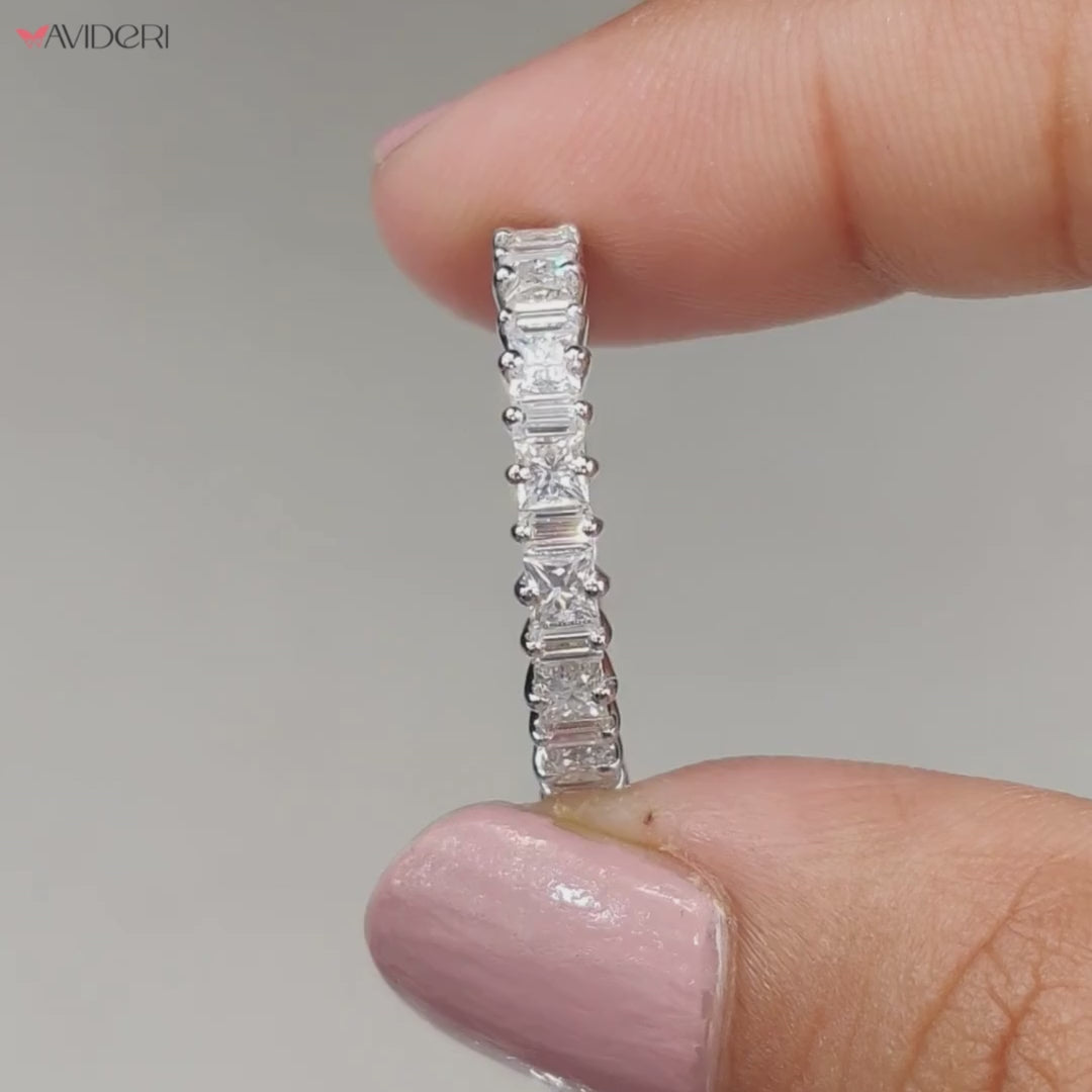 Moissanite wedding band offers brilliant sparkle with eco-friendly moissanite stones.