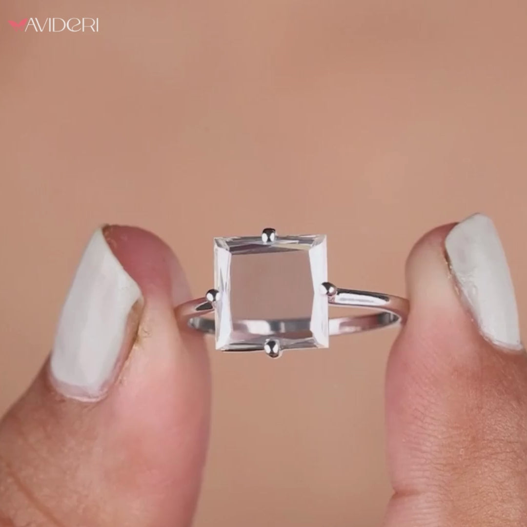 Square portrait cut ring, white gold ring, handmade jewelry
