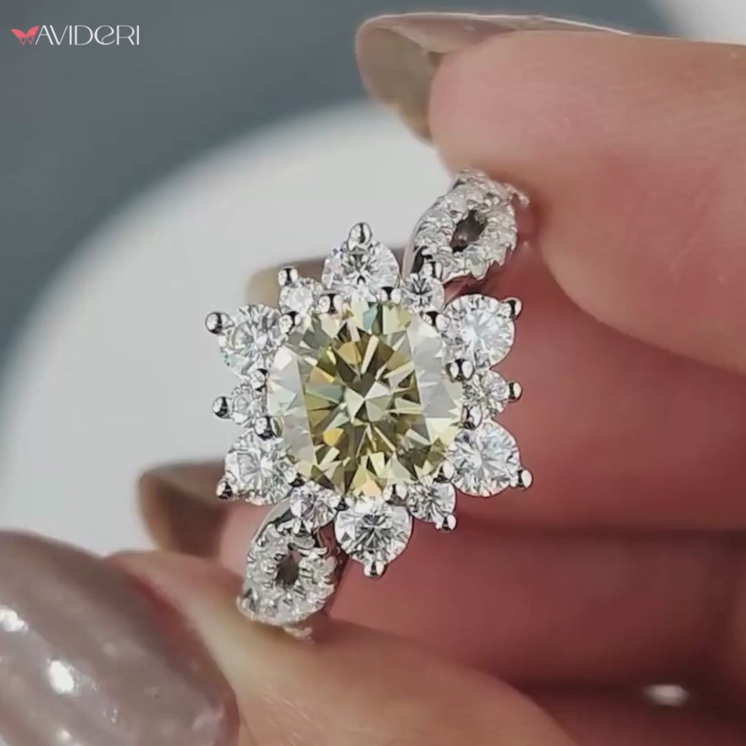 Round brilliant cut moissanite ring sparkles with perfect symmetry and clarity.